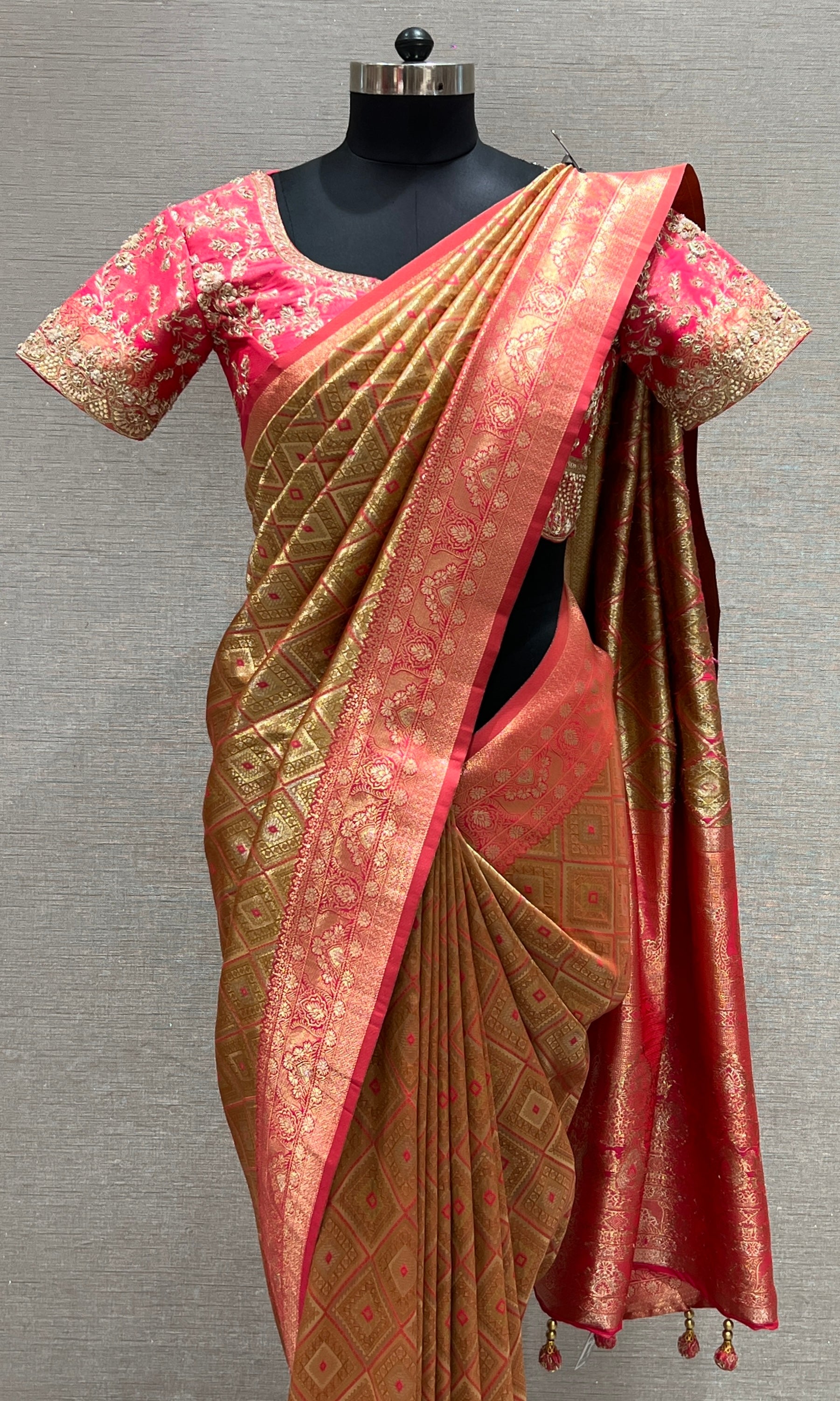 Pink saree with ready blouse