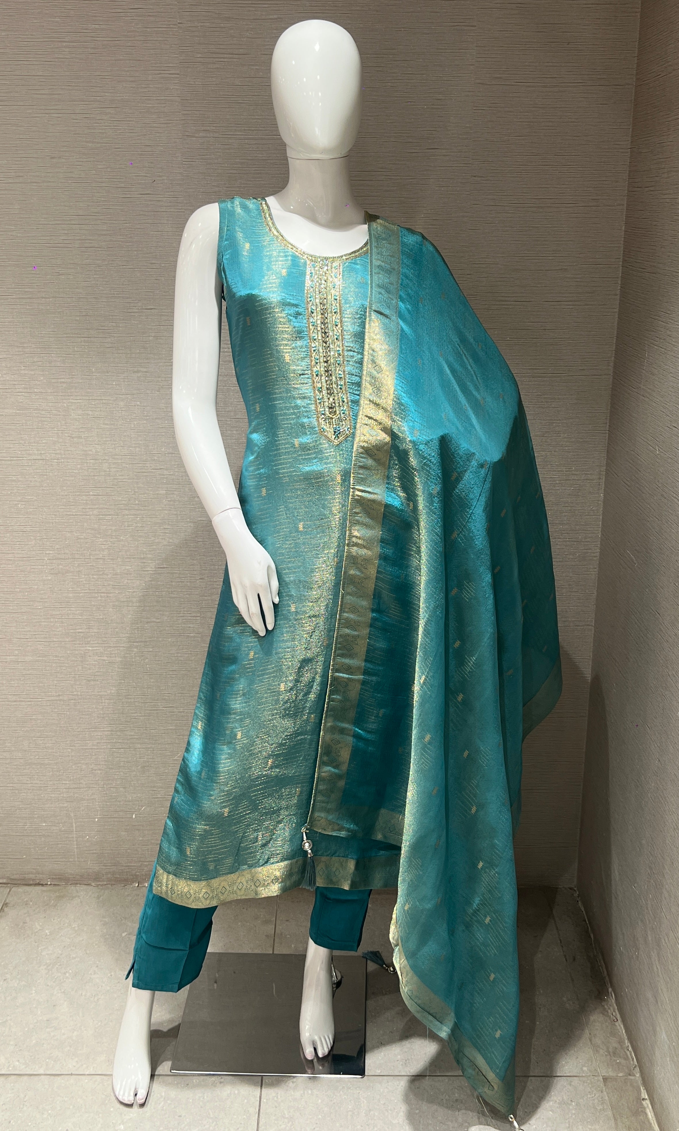 Teal green and gold kurta set