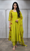 Lime Green Floral Mul chanderi Kurta Set with Dupatta