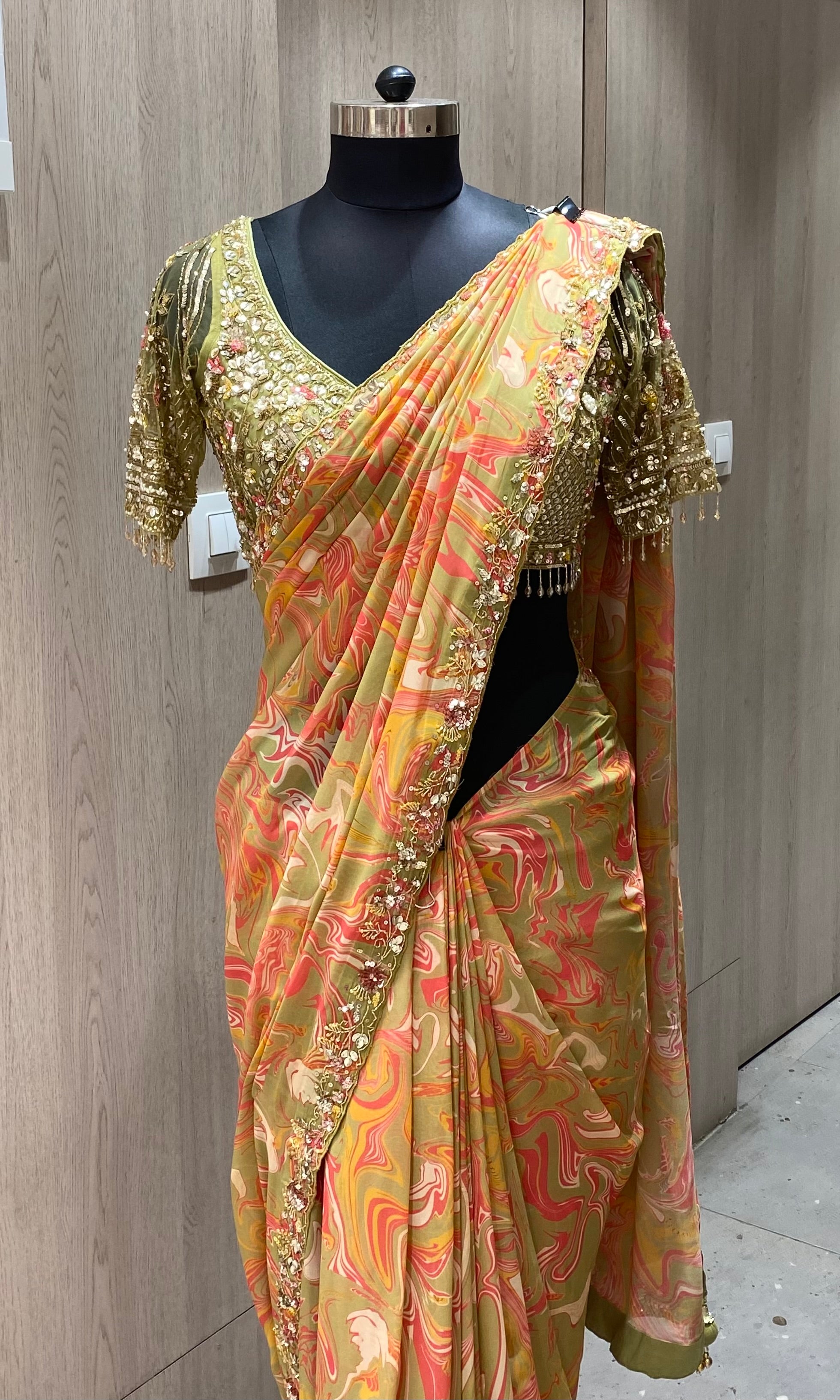 Green saree with ready blouse