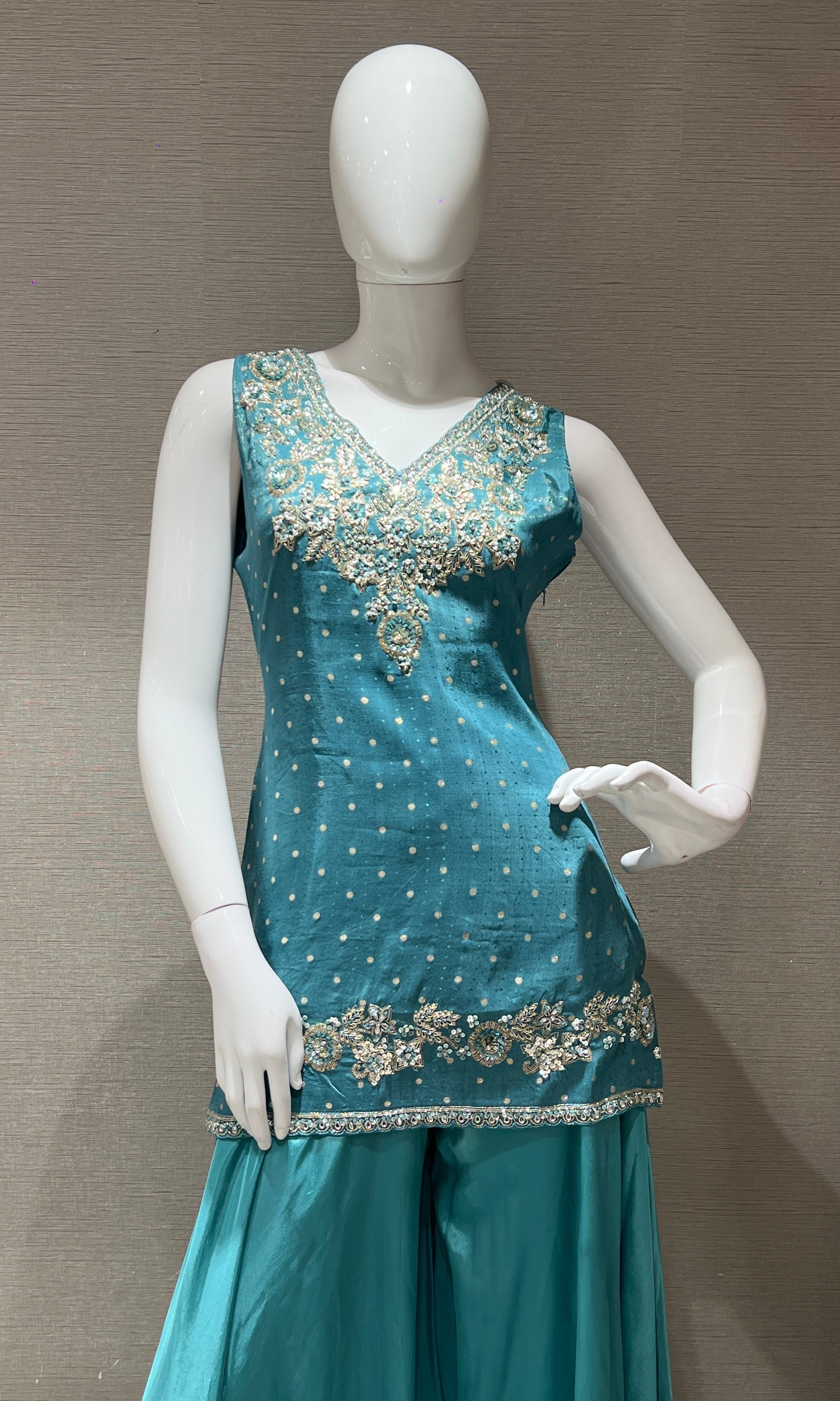Light Blue Short Kurti Embroidered Sharara