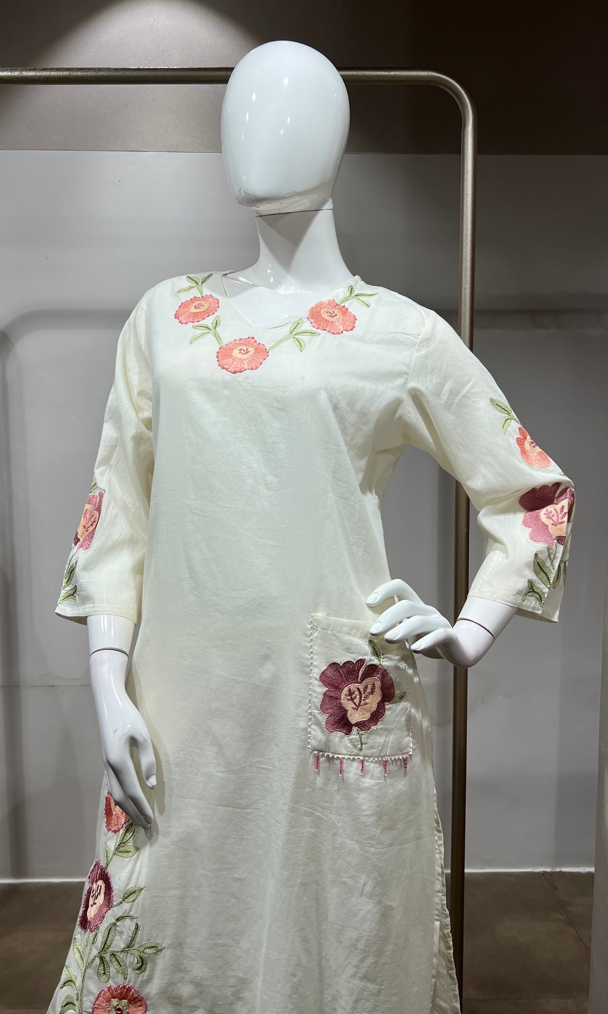 White Silk Kurta set with Rose Embroidery