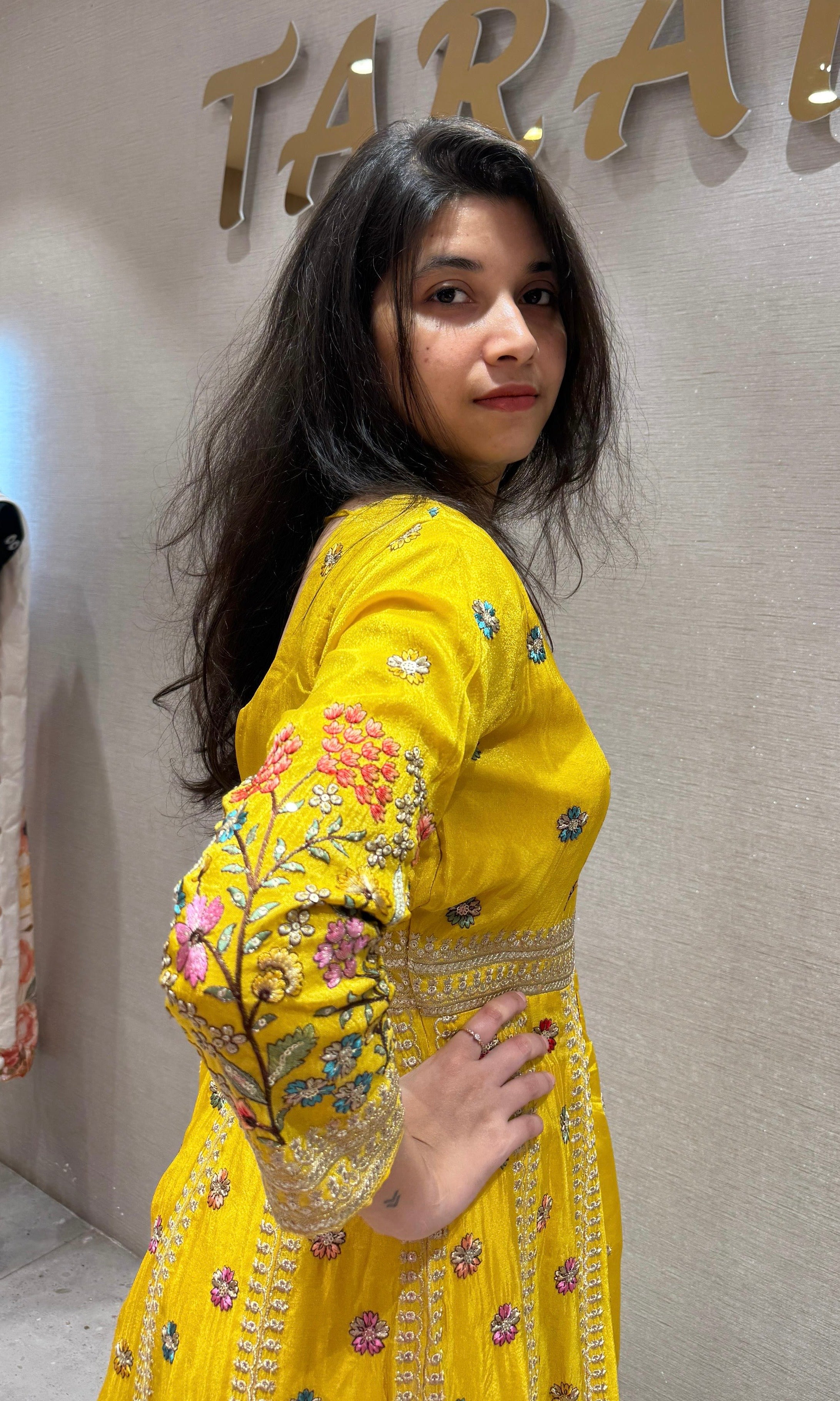 Yellow Front Slit floral Anarkali