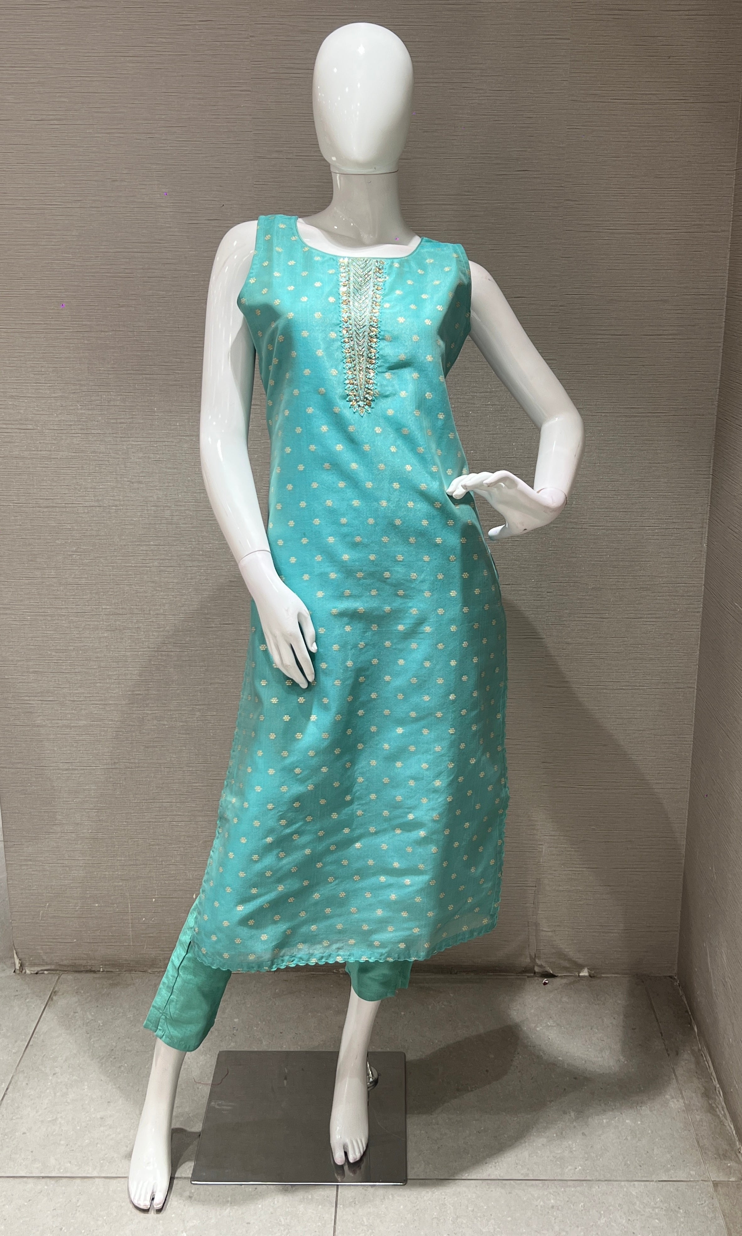 Sea green kurta set with floral print dupatta