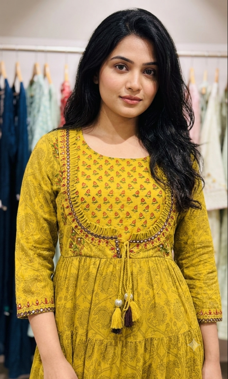 Green printed long frock