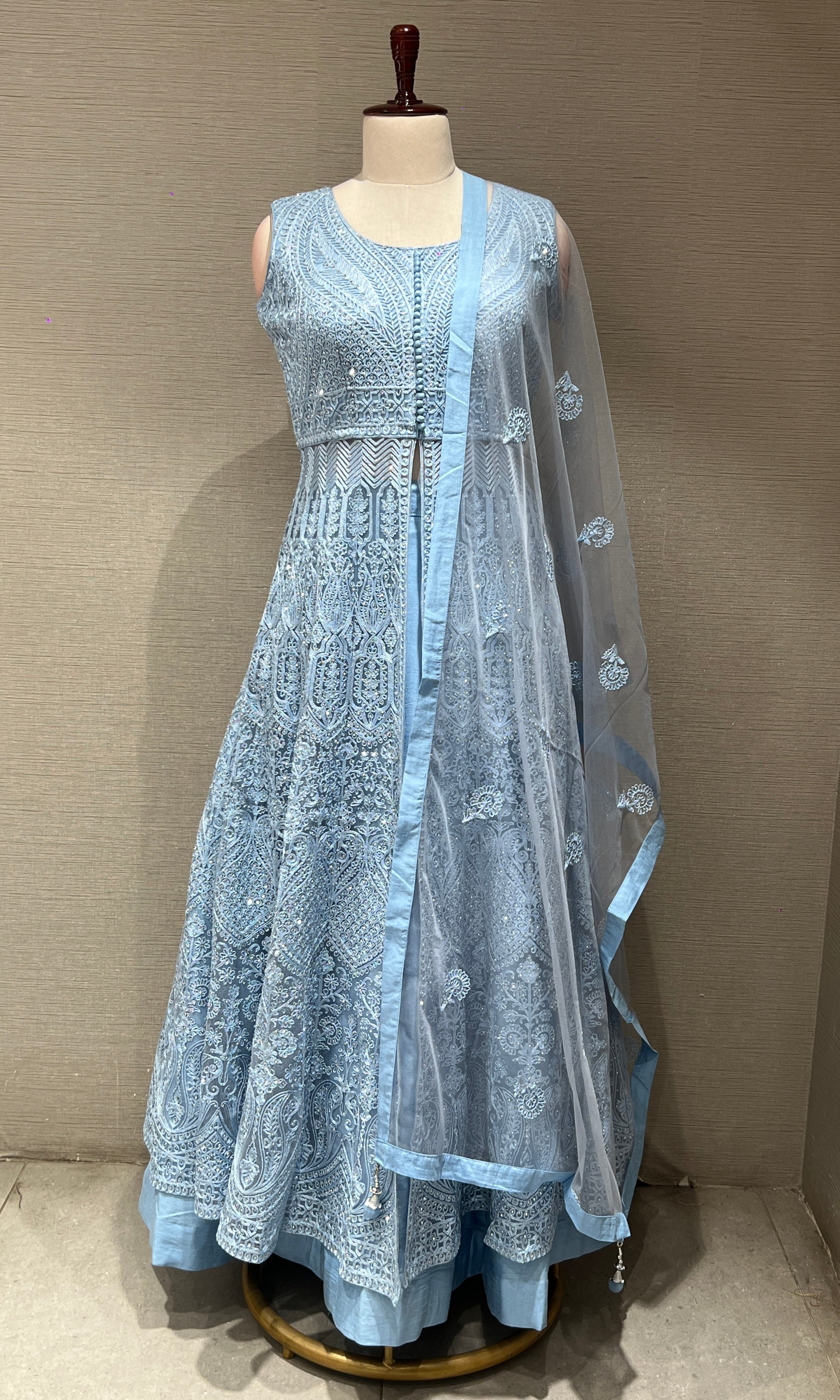 Blue EMBROIDERED front silt Anarkali SET