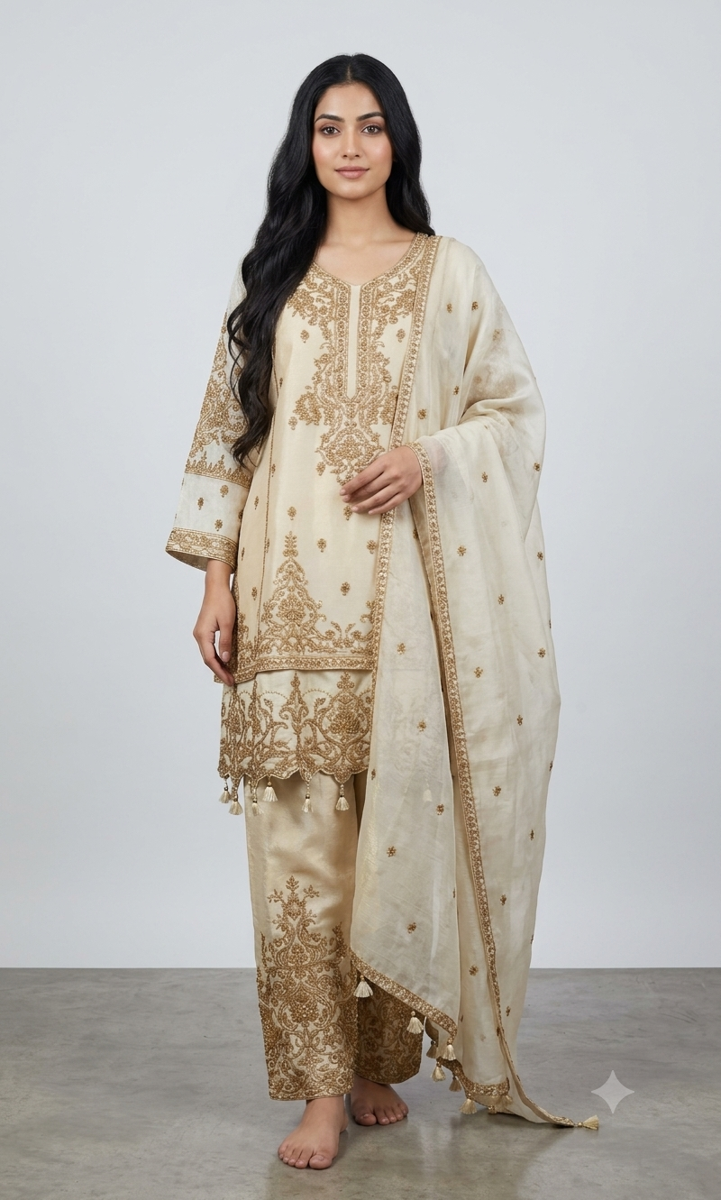 gold tissue suit with golden embroidery & straight pants