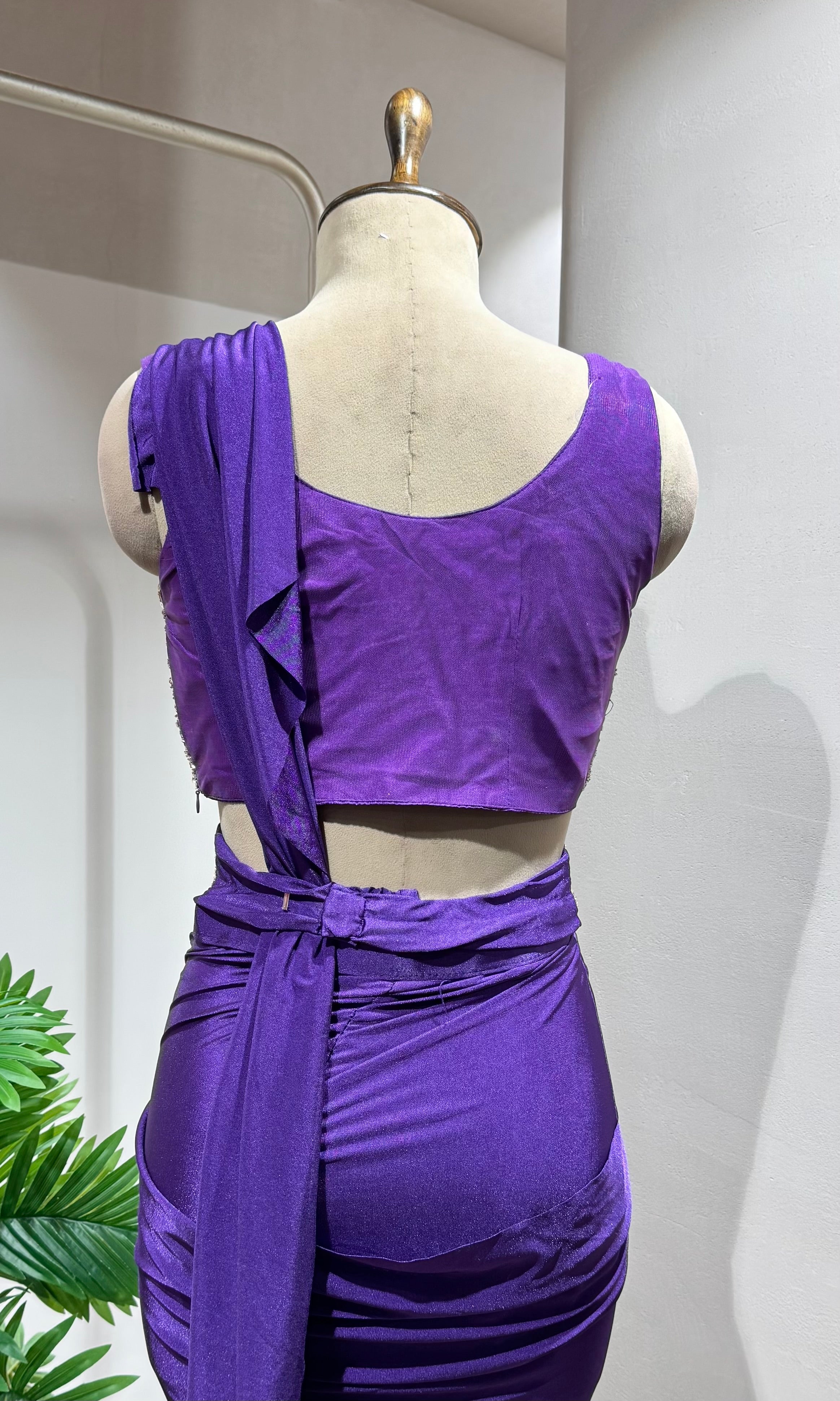 purple Draped Saree with Embellished Blouse & belt