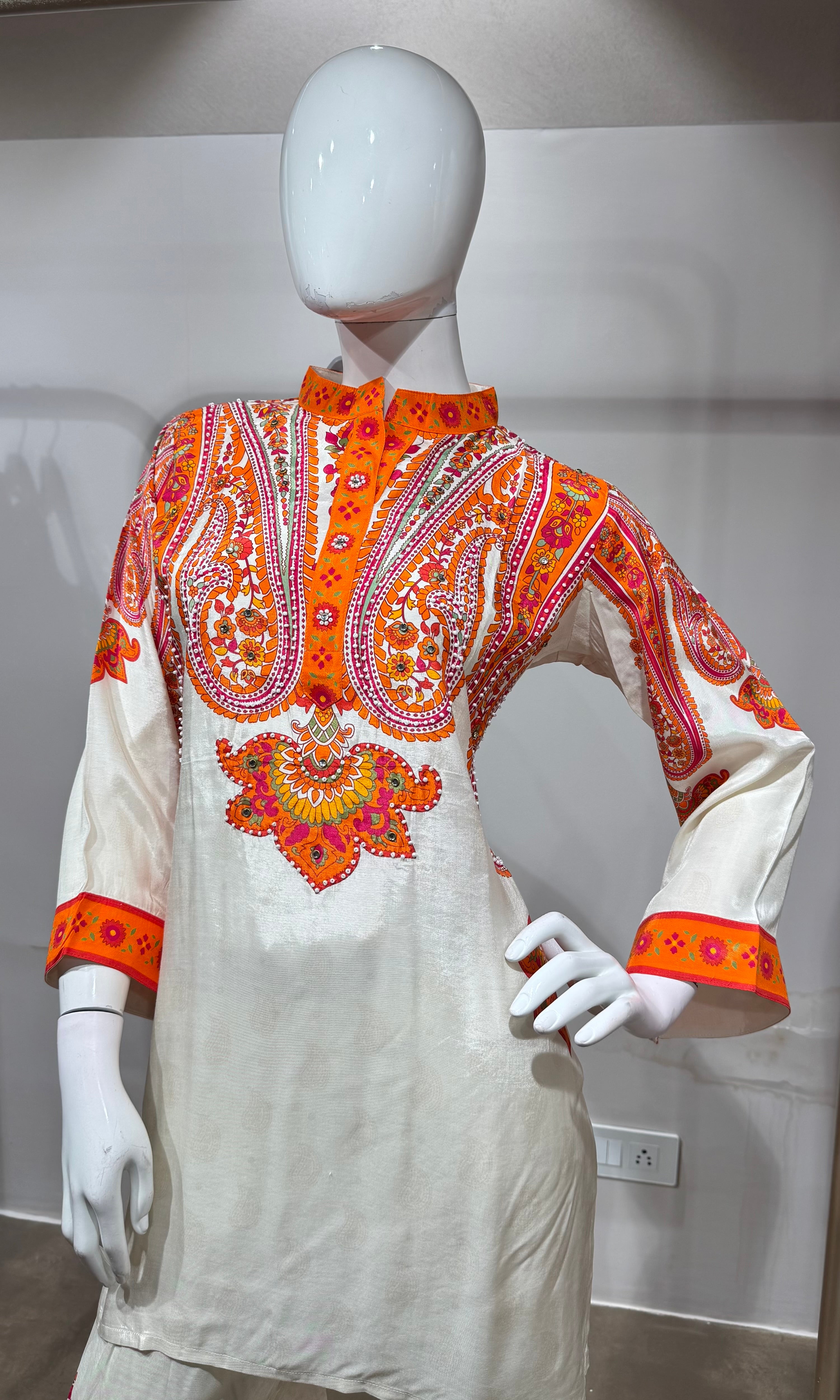 Classic White Orange Ethnic Printed Cord set