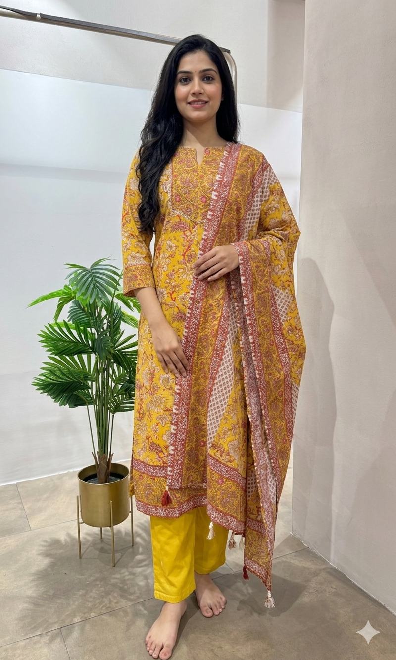 YELLOW ETHNIC PRINTED KURTA SET