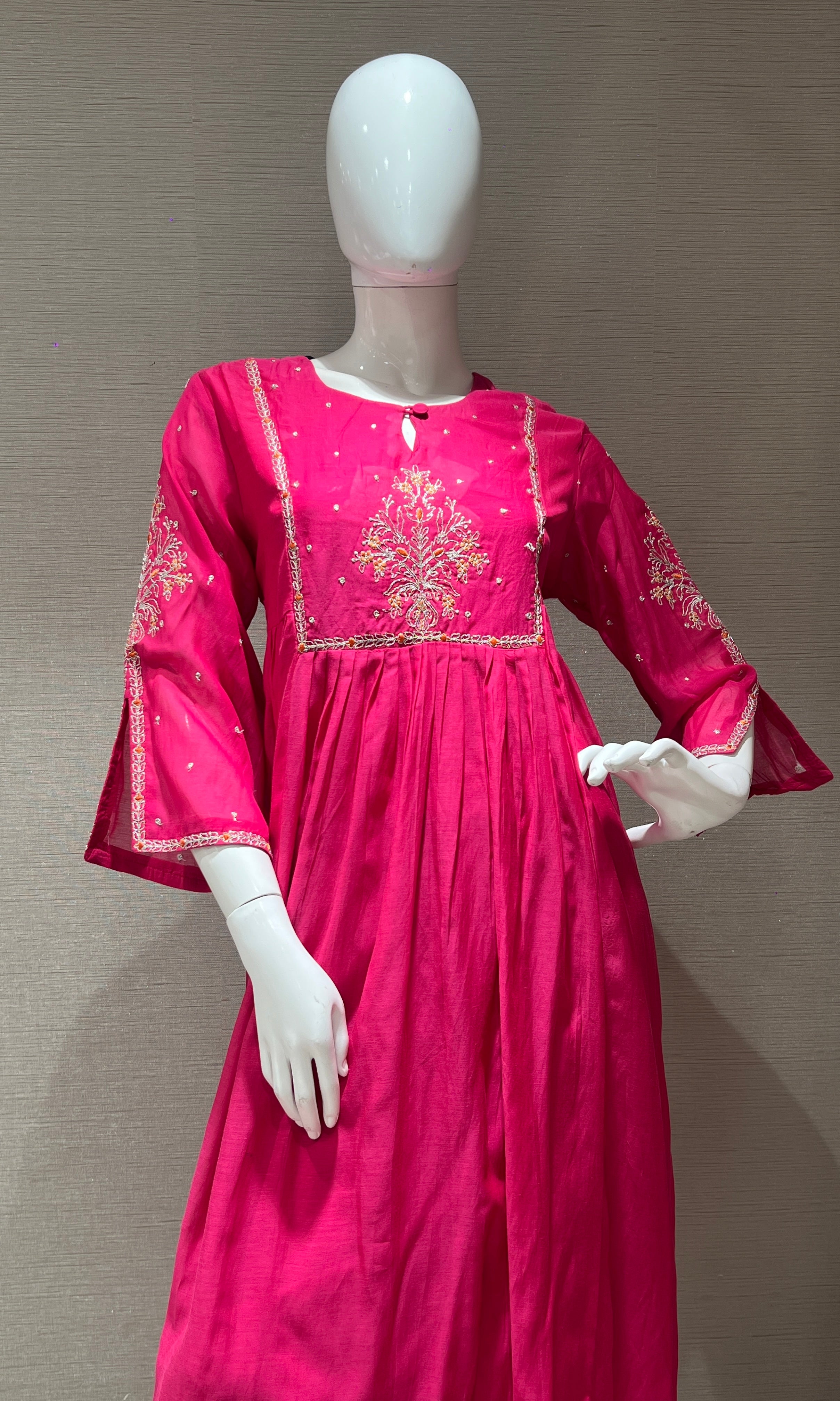 Rani pink mul Chanderi Anarkali kurta set