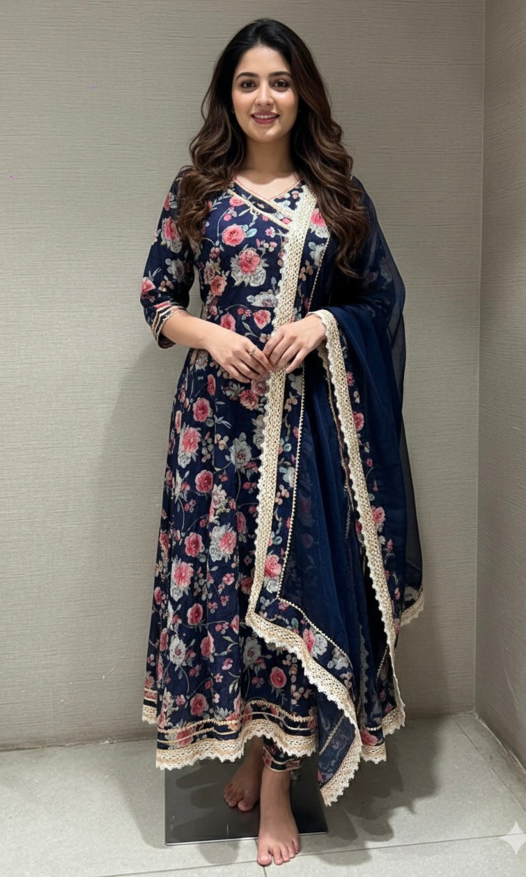Navy Blue A LINE FLORAL KURTA SET