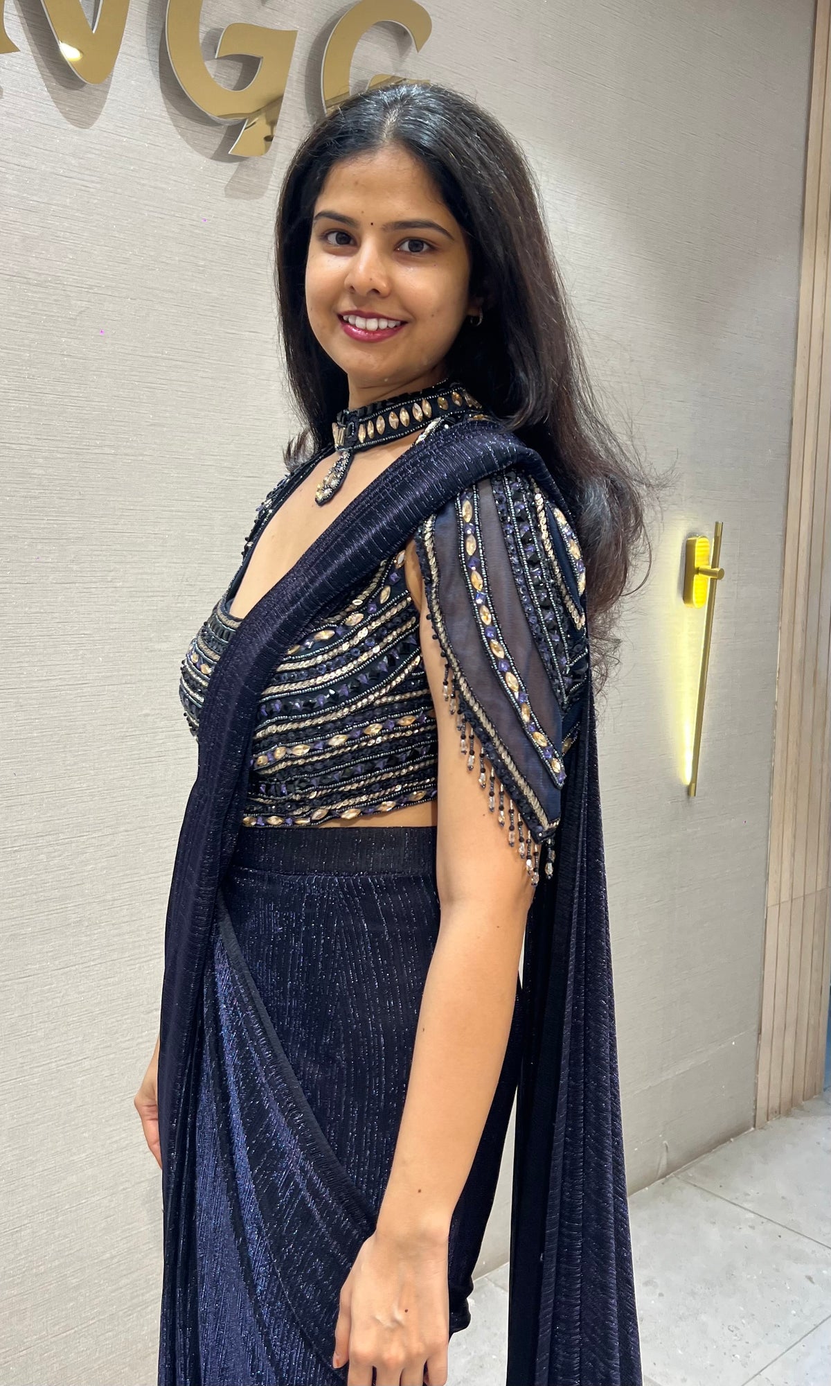 Blue Shimmer Drape Saree with Embroidered Blouse