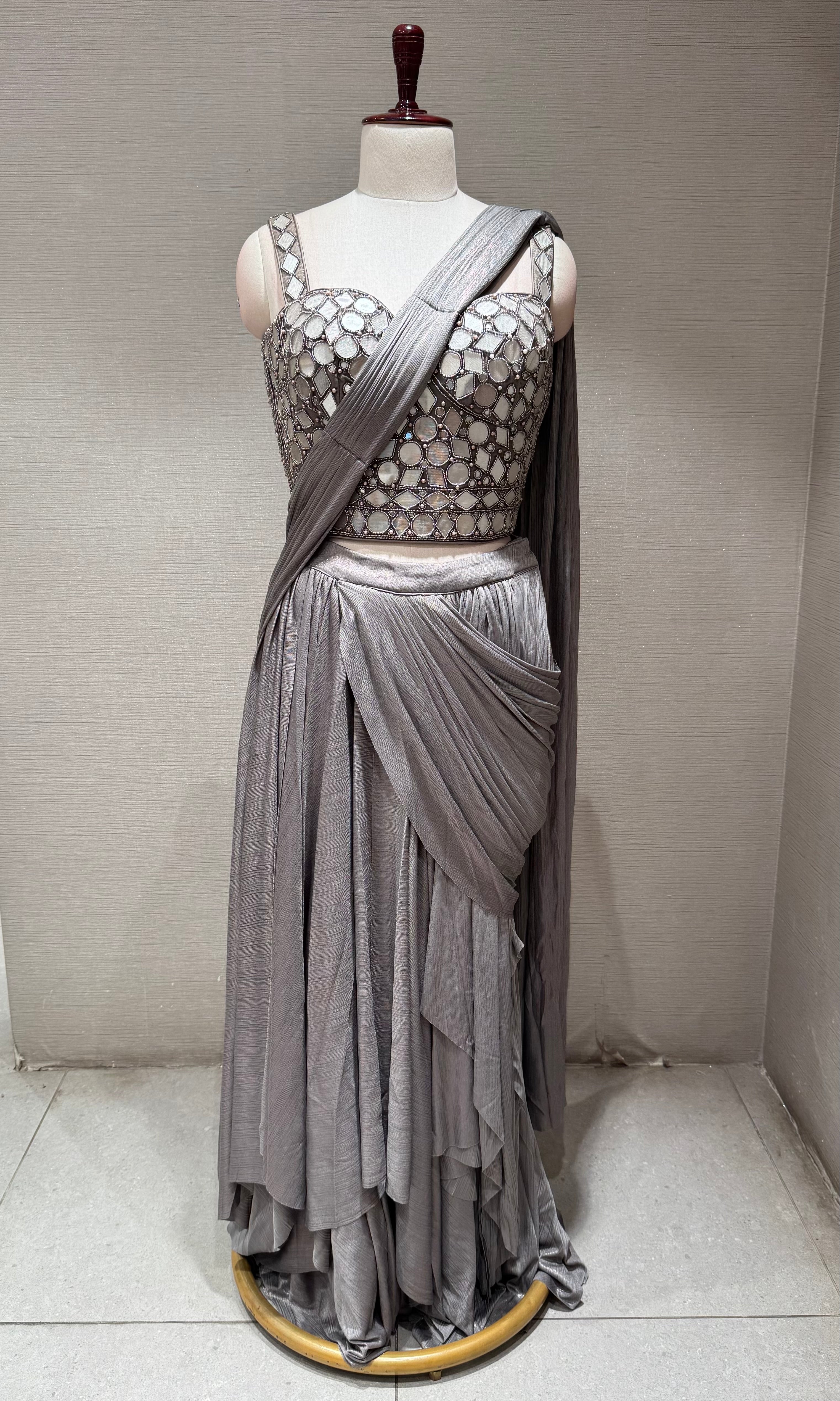 Metallic Grey Embellished Saree with corset blouse