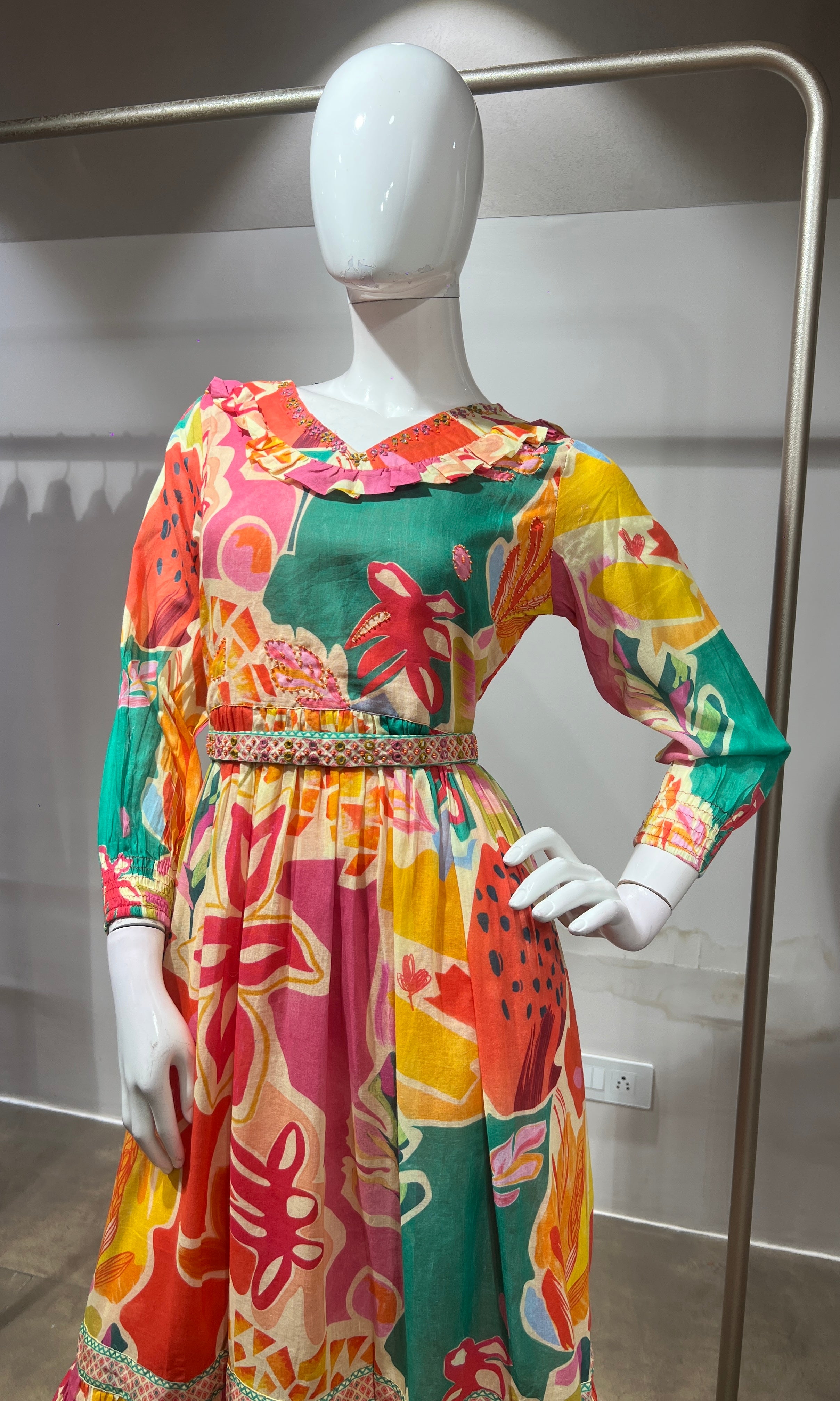 Multi Abstract Print Long Sleeve Frock