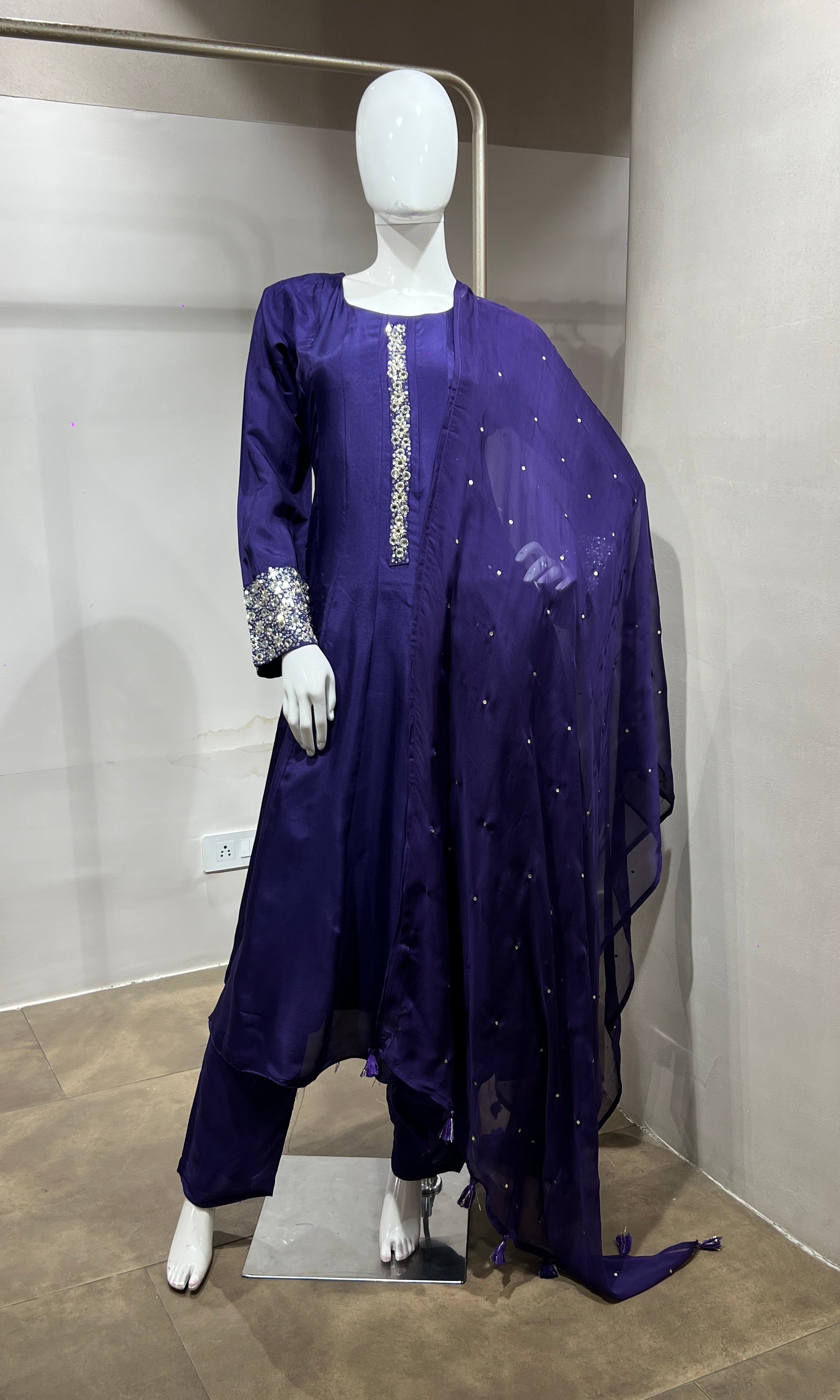 PURPLE Straight Kurta Set with Mirror Embroidery