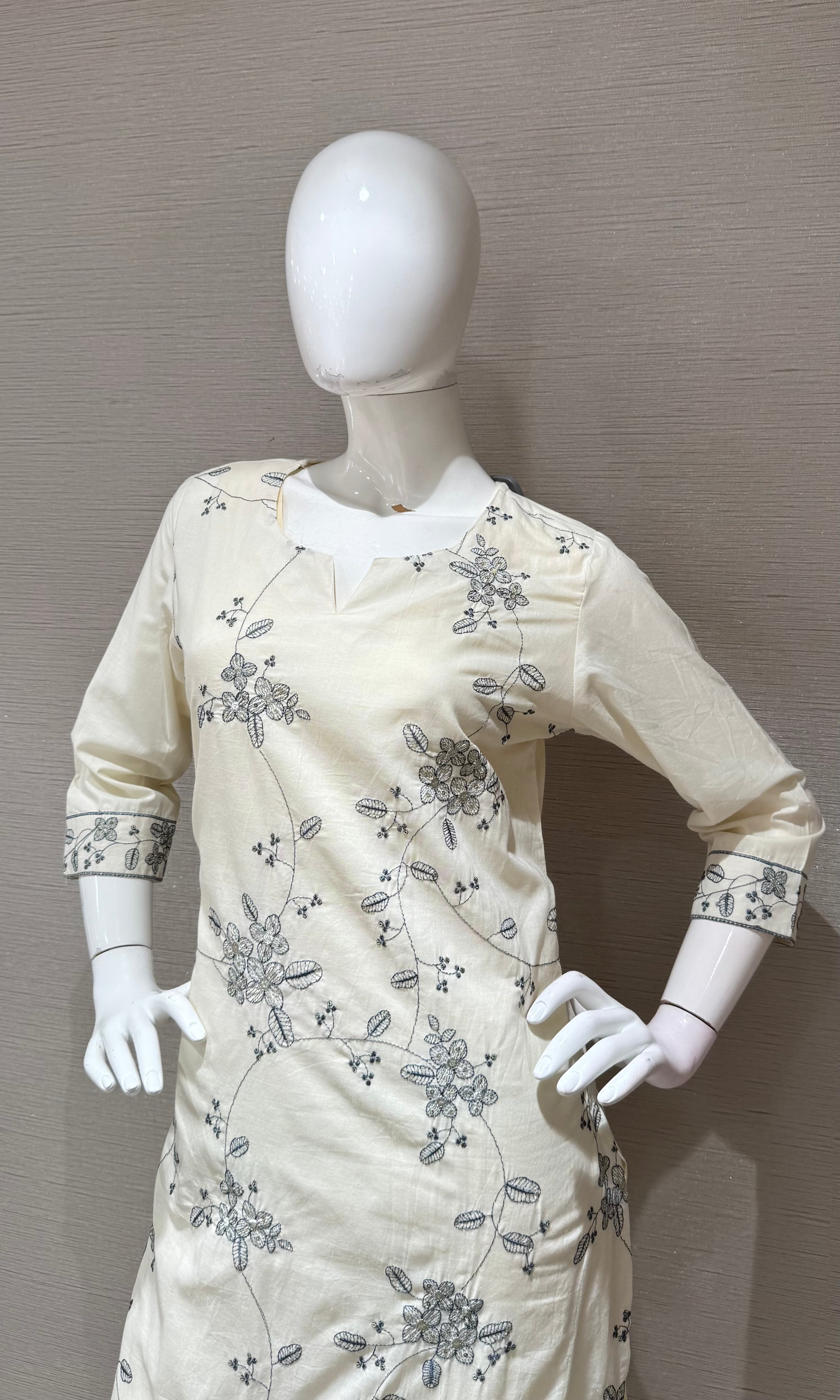 White Floral Embroidered Straight Kurta SET