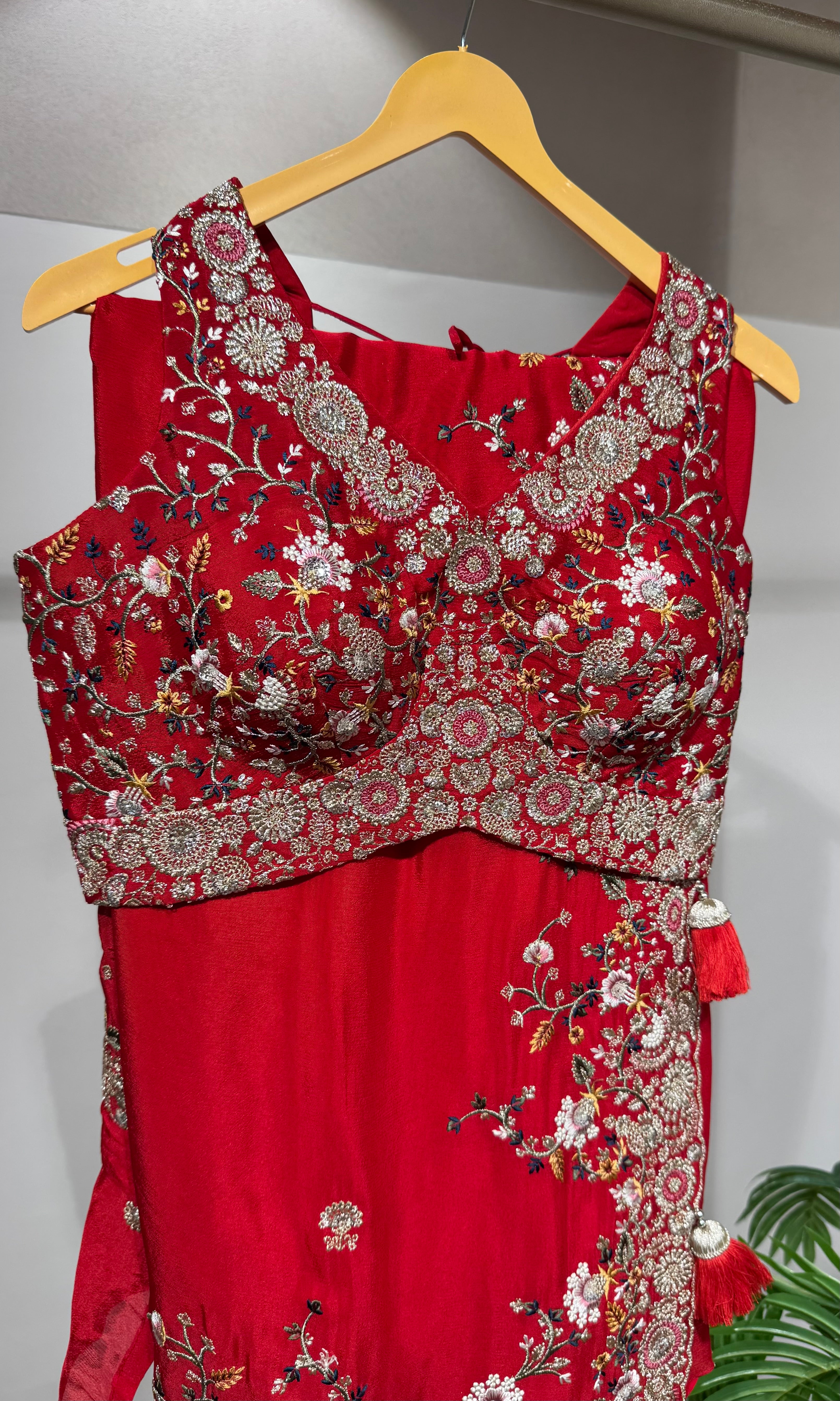 Red saree with EMBROIDERED blouse