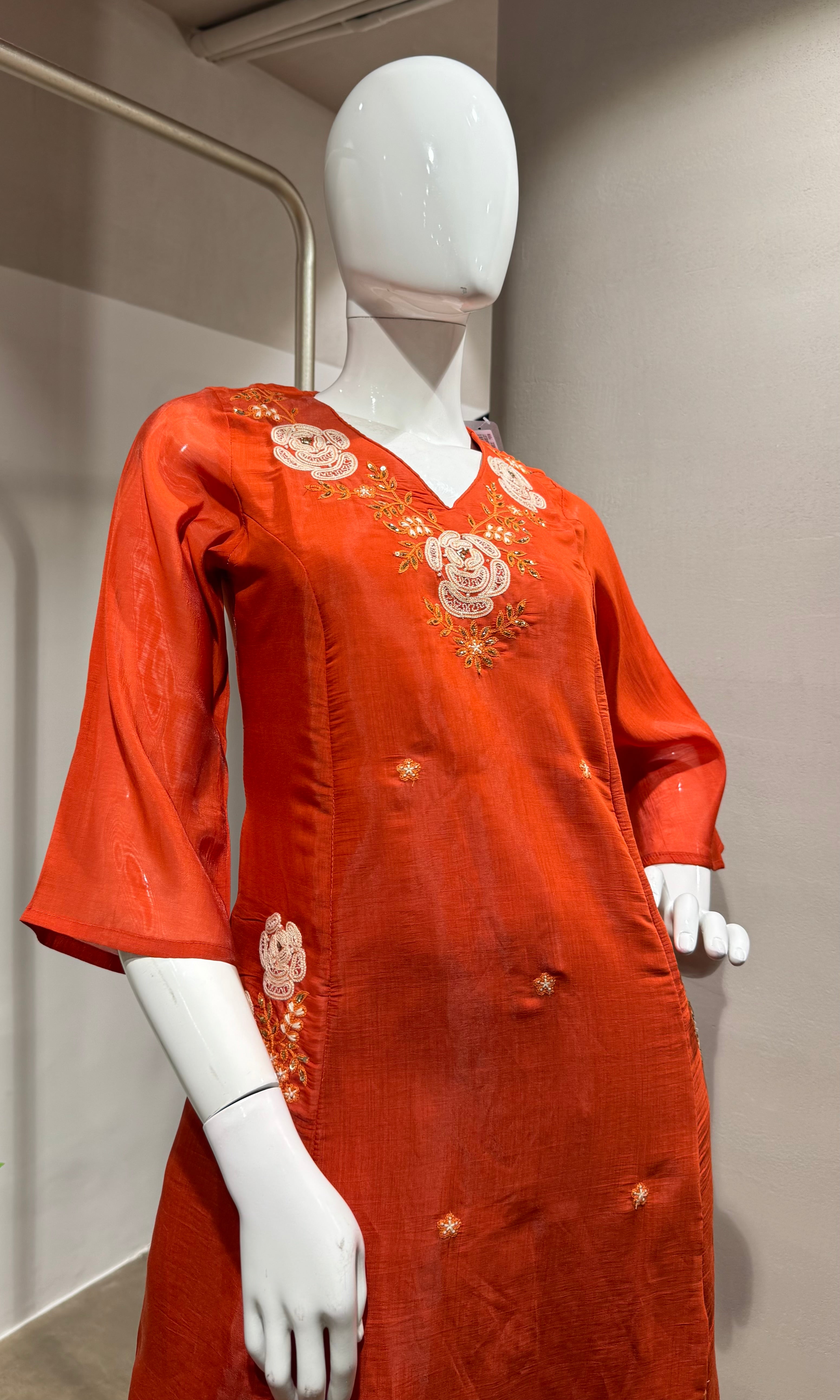 rust orange floral embroidered kurta set
