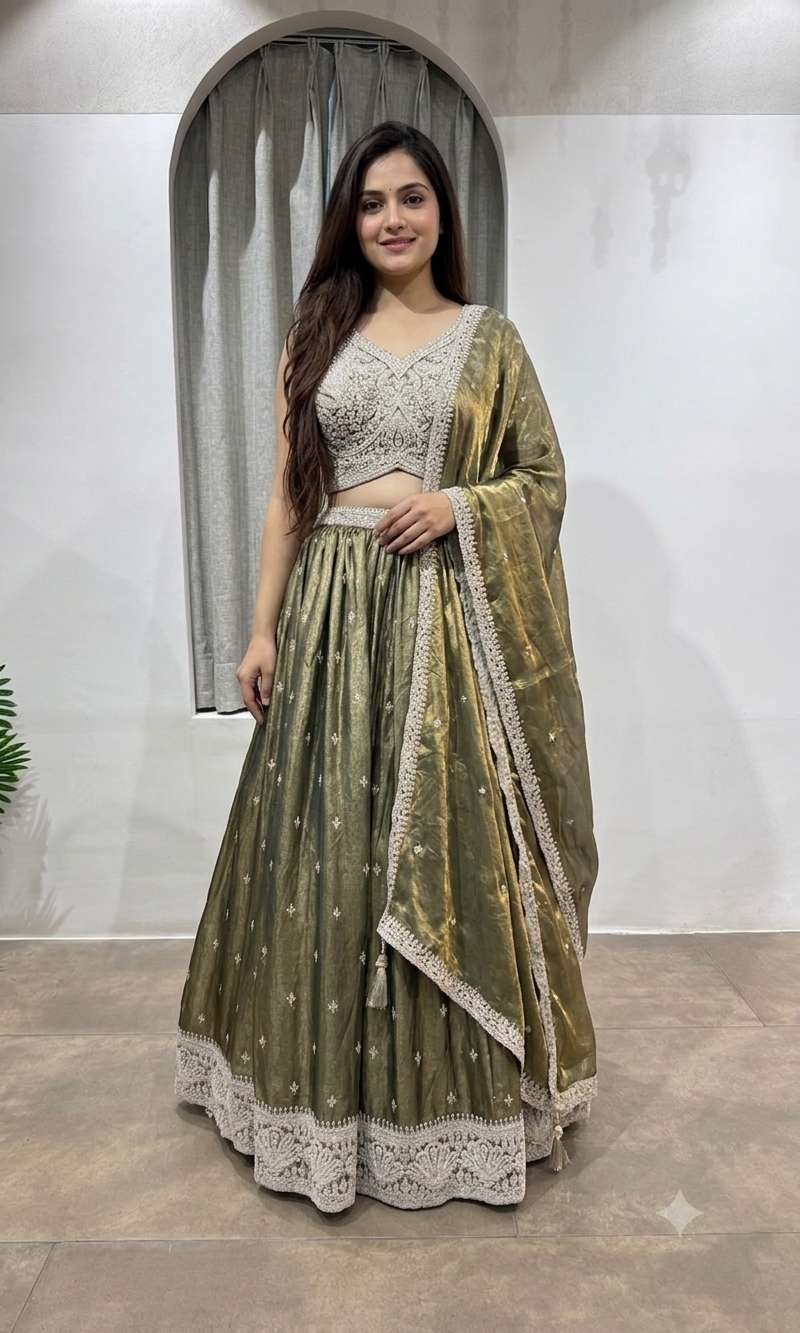Green Shimmer Silk Lehenga with Silver Embroidery