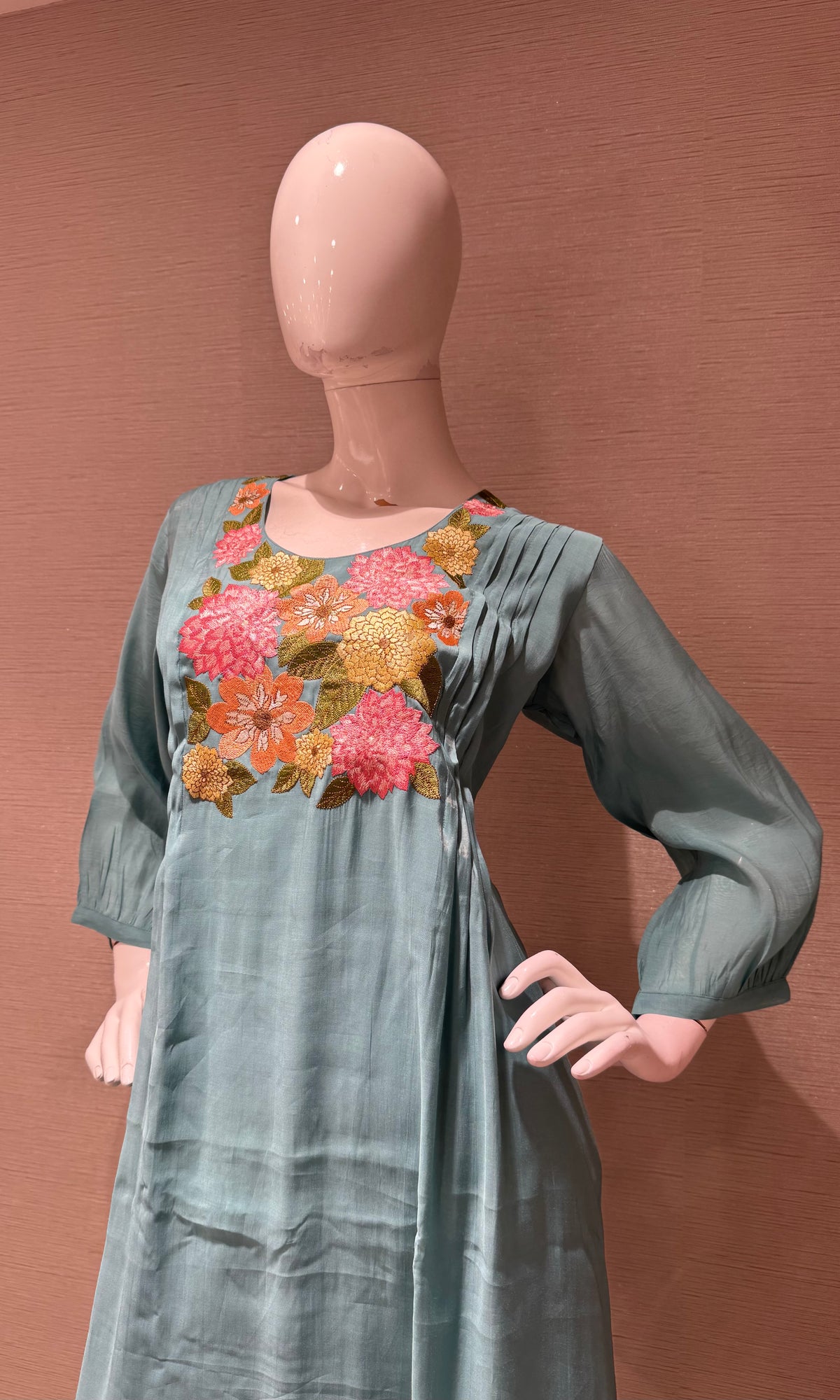 Blue Floral Embroidered Mul Chanderi A Line kurta Set with dupatta