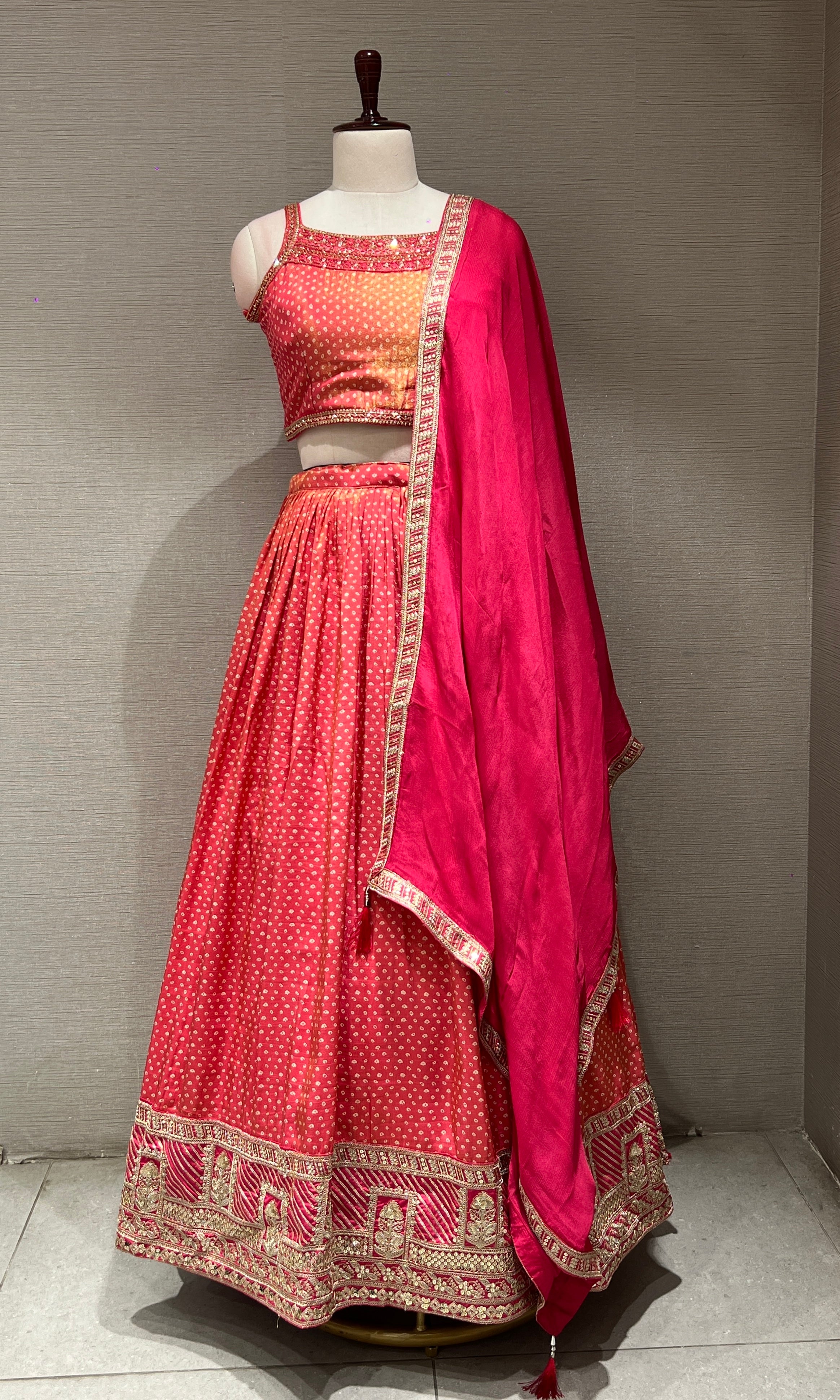 pink silk bandhani with zardosi work LEHENGA