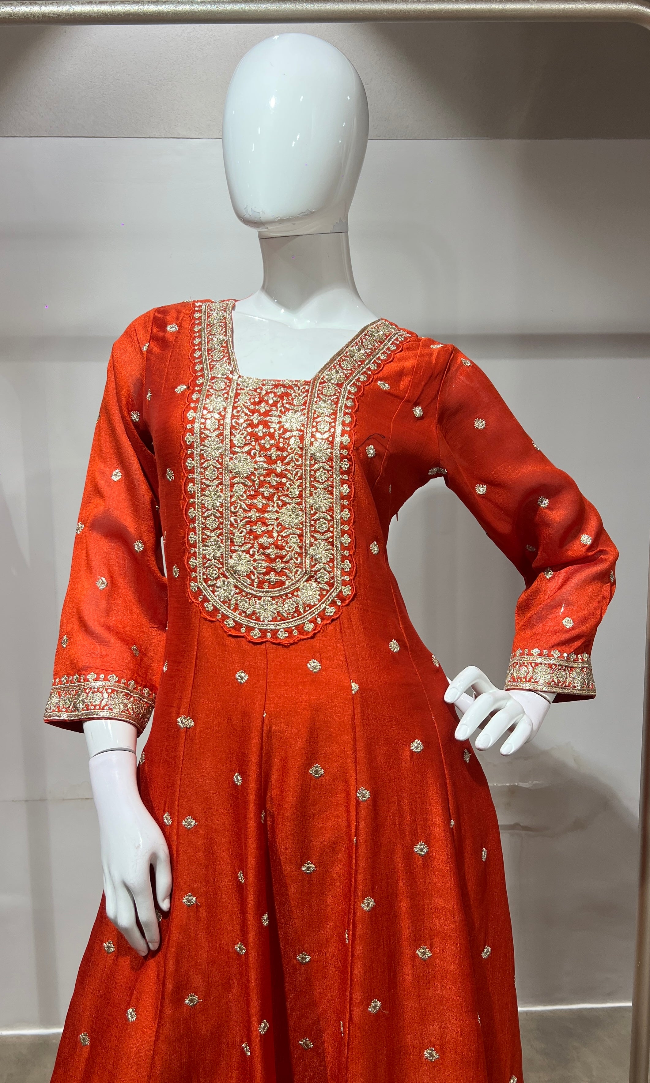 Rust gold embroidered Anarkali set