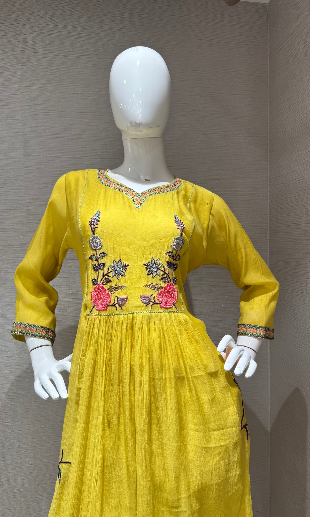 Yellow floral Mul chanderi kurta set with dupatta