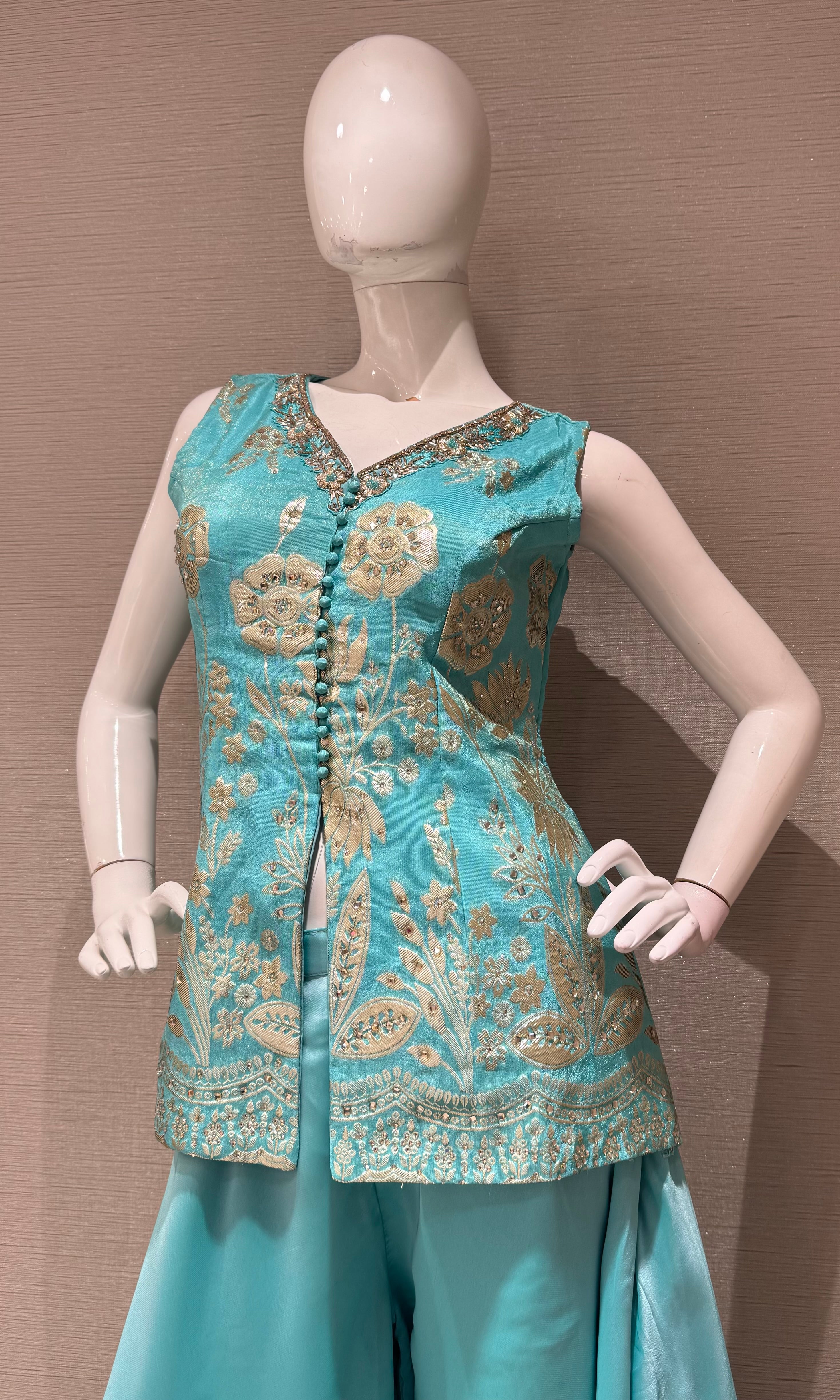 Sea Blue embroidered short peplum palazzo set