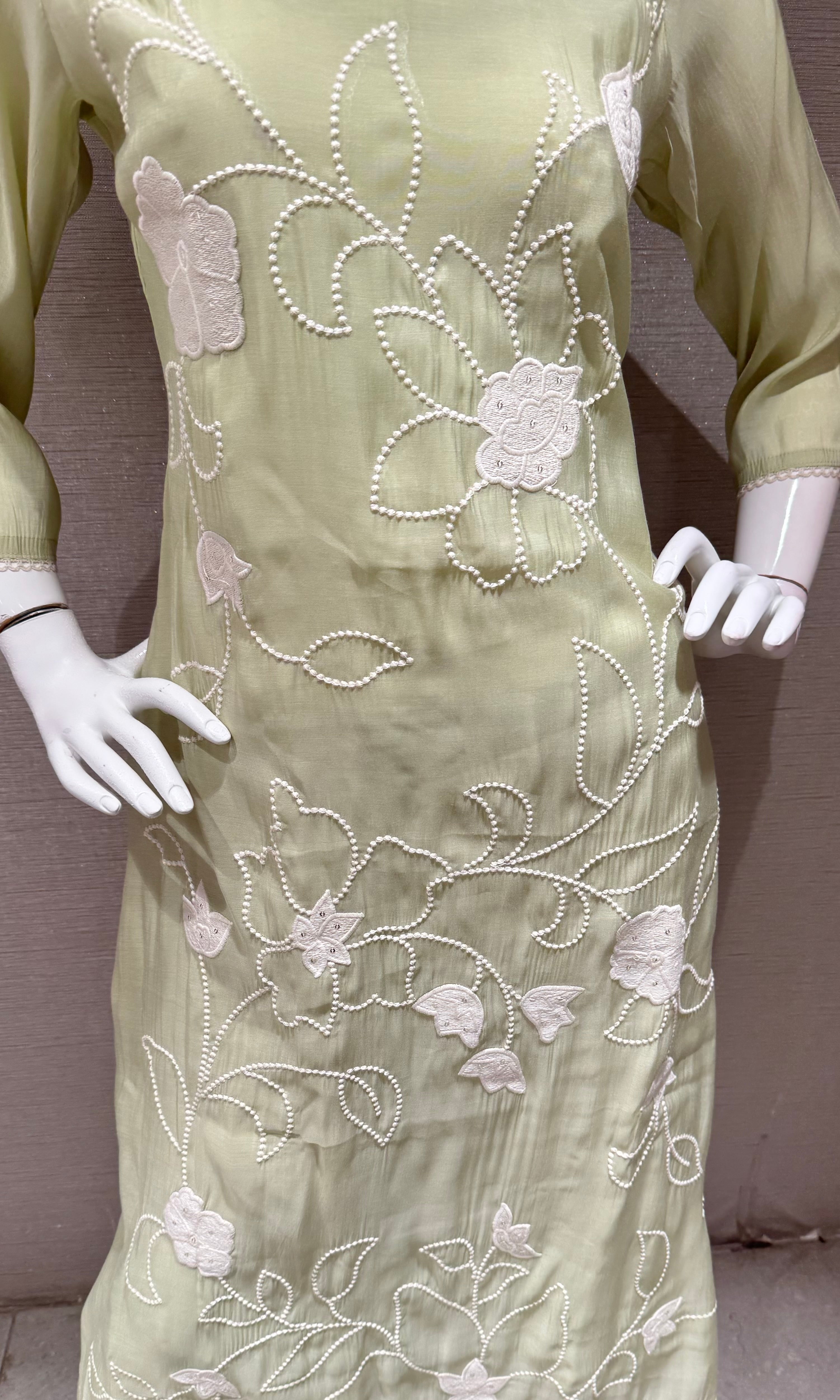 Pastel Green Cotton Floral Kurta & Dupatta Set