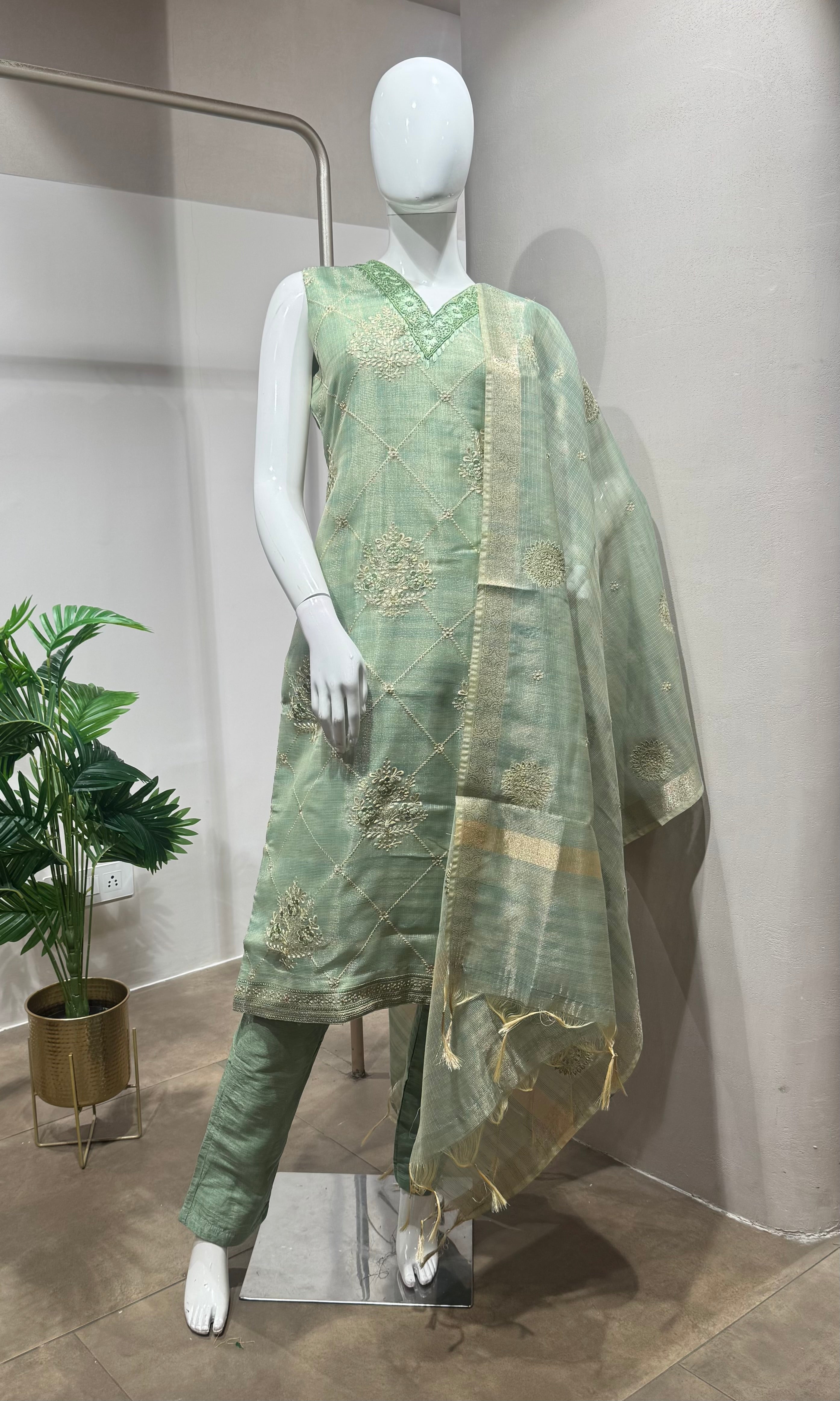 pista Green Embroidered Kurta Set