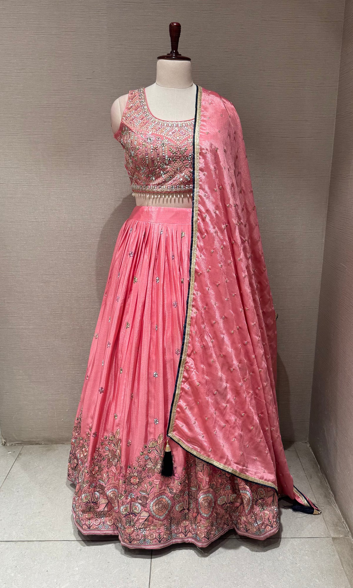 Rose Pink tissue silk Embroidered Lehenga set