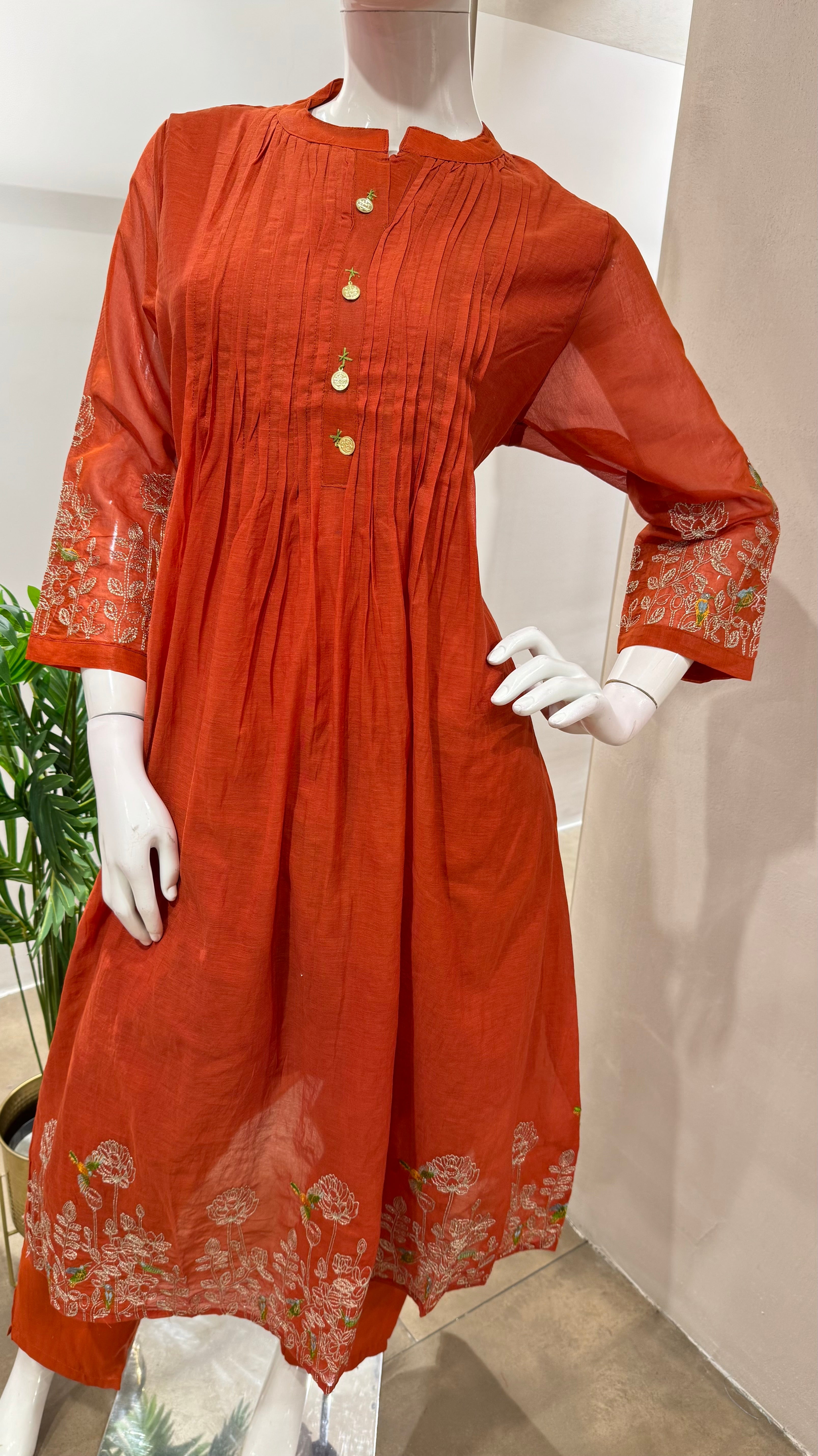 RUST floral mul chanderi embroidery set