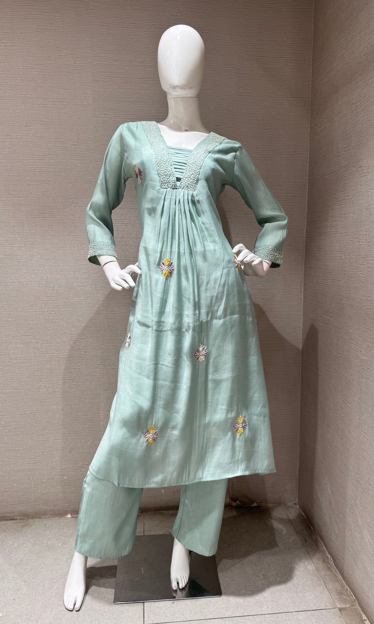Light Blue Floral Embroidered Cotton Kurta Set with Dupatta