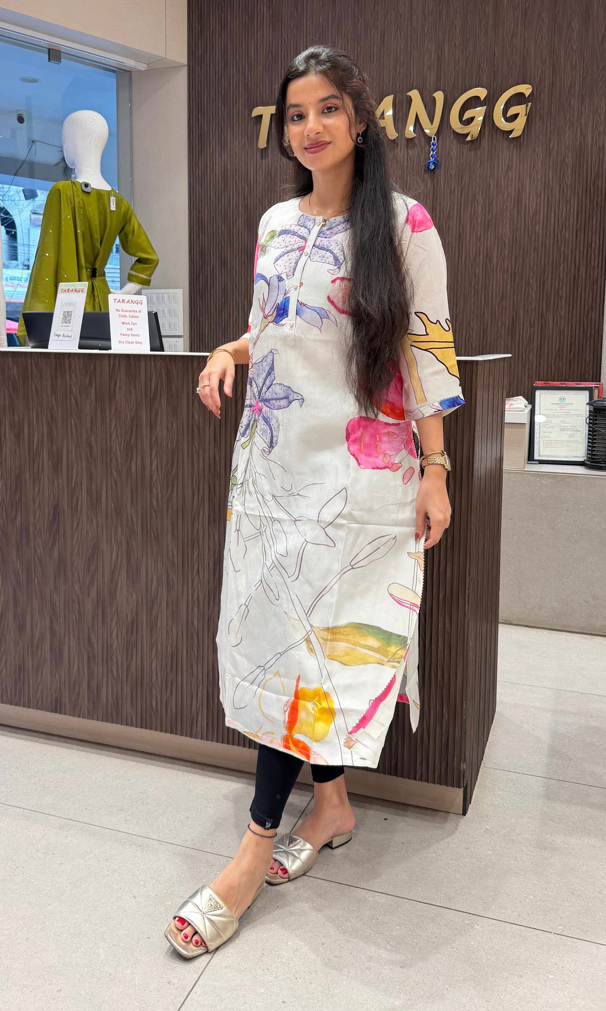 White Floral Printed A-Line Kurta