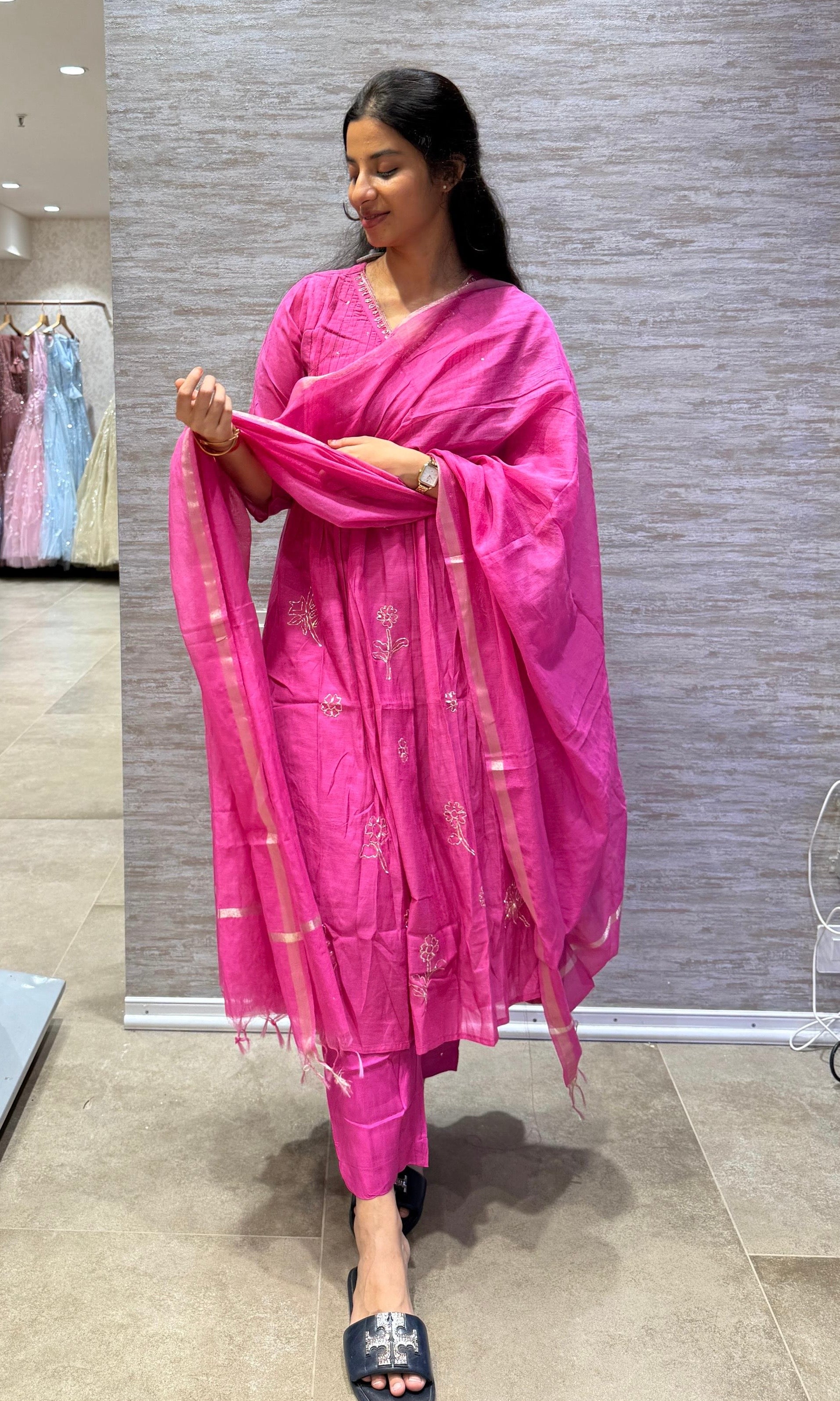 Fuchsia Bloom Mul Chanderi Set