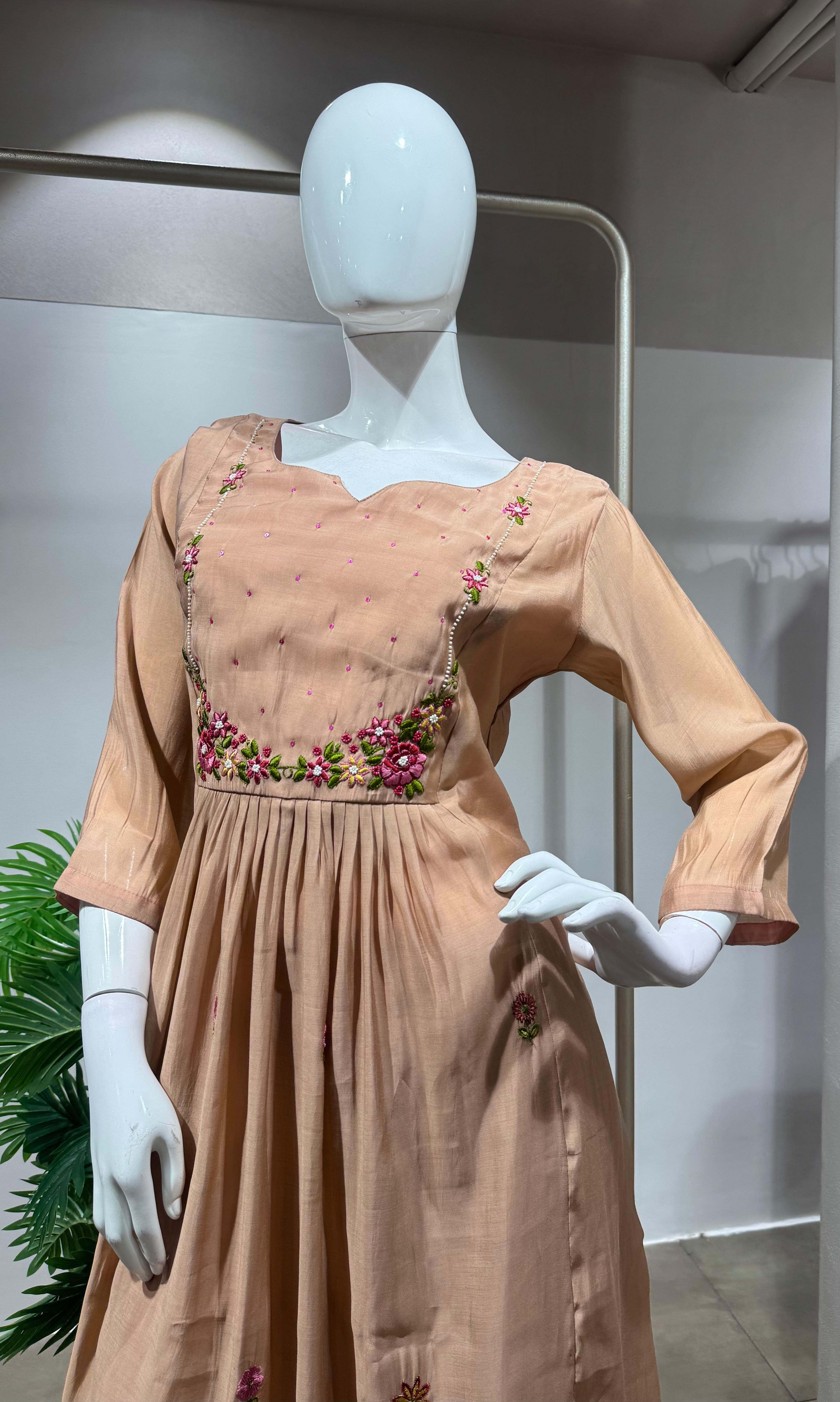 Peach Embroidered Mul Chanderi kurta set