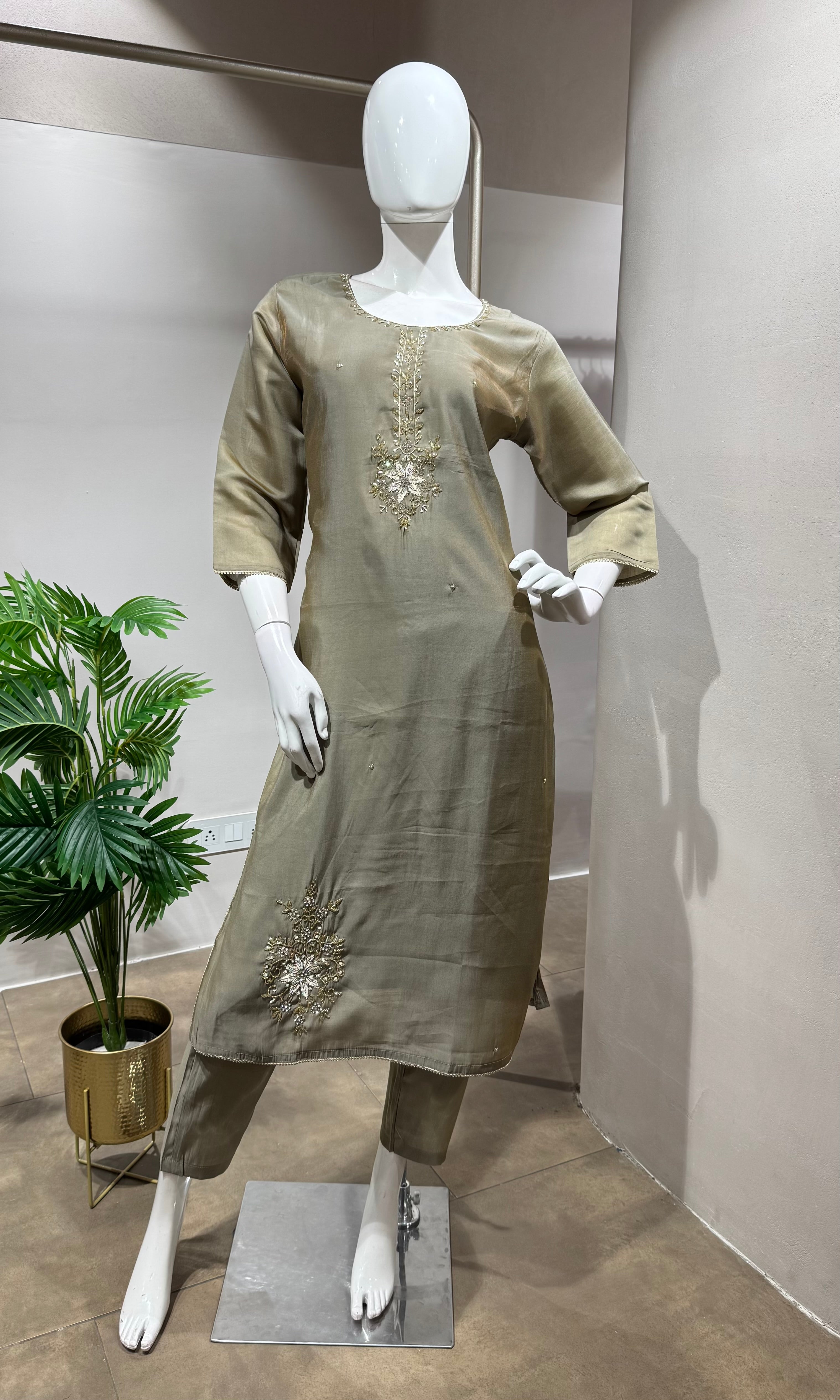 BROWN gold embroidered kurta set