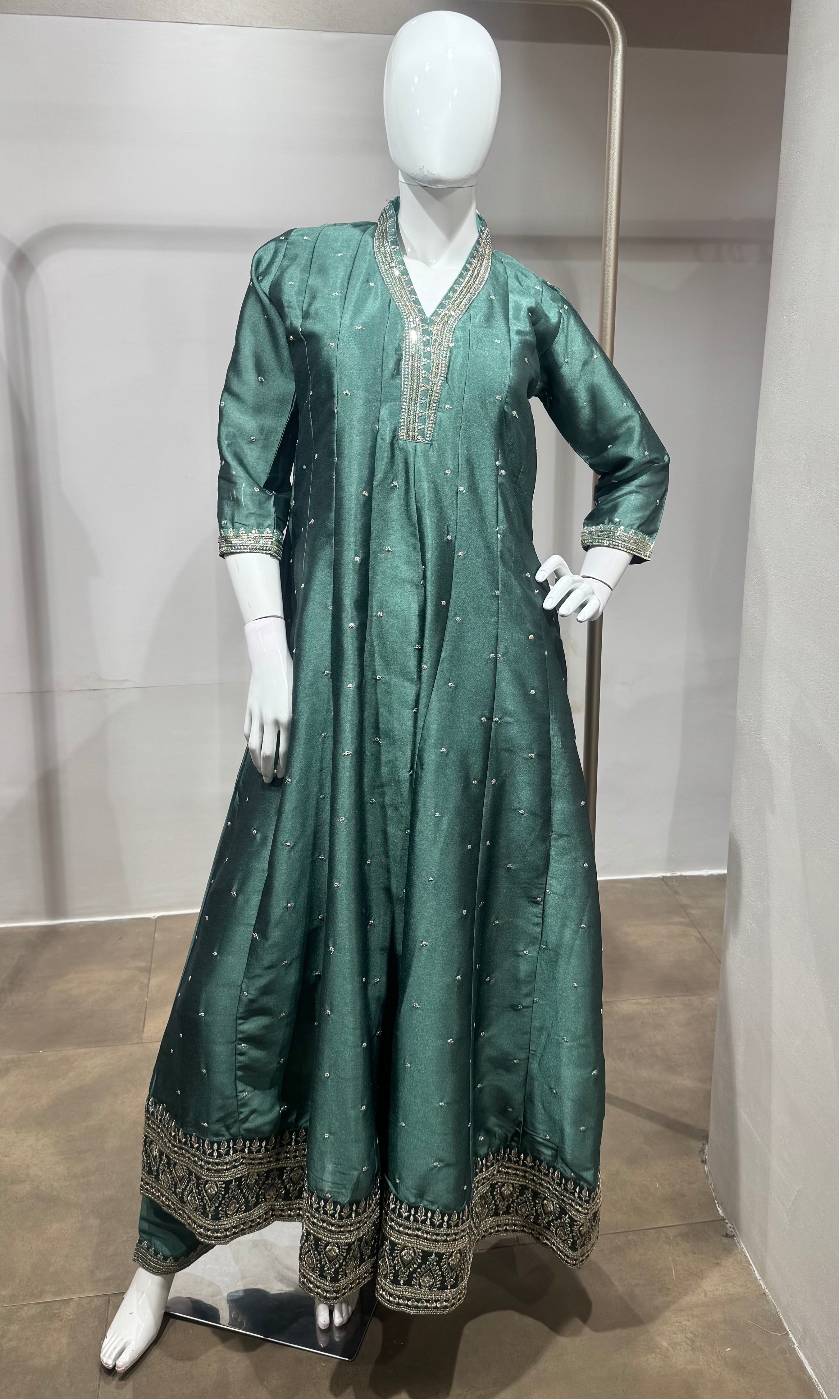 Green gold Embroidered Silk Anarkali set