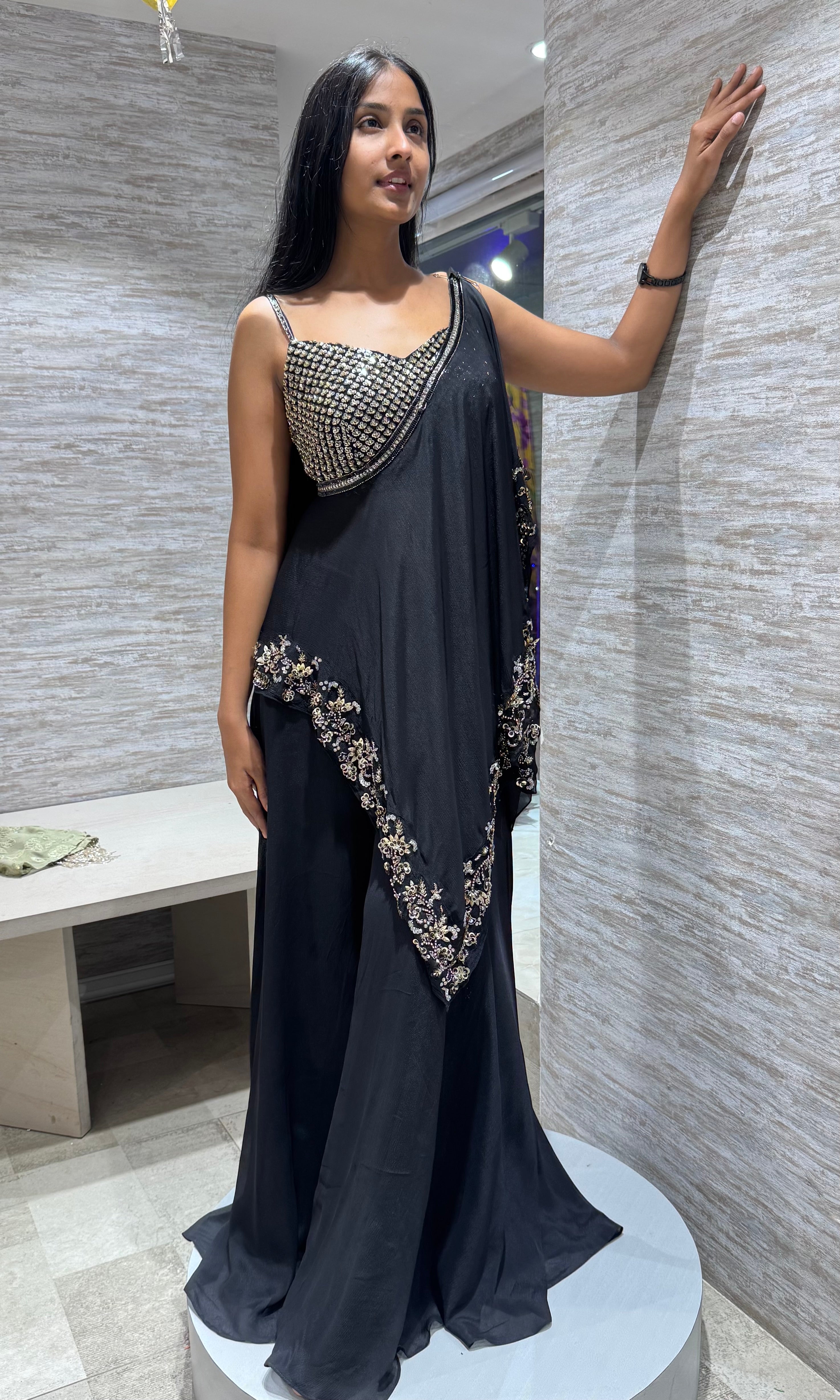 Black gold sharara with asymmetrical blouse