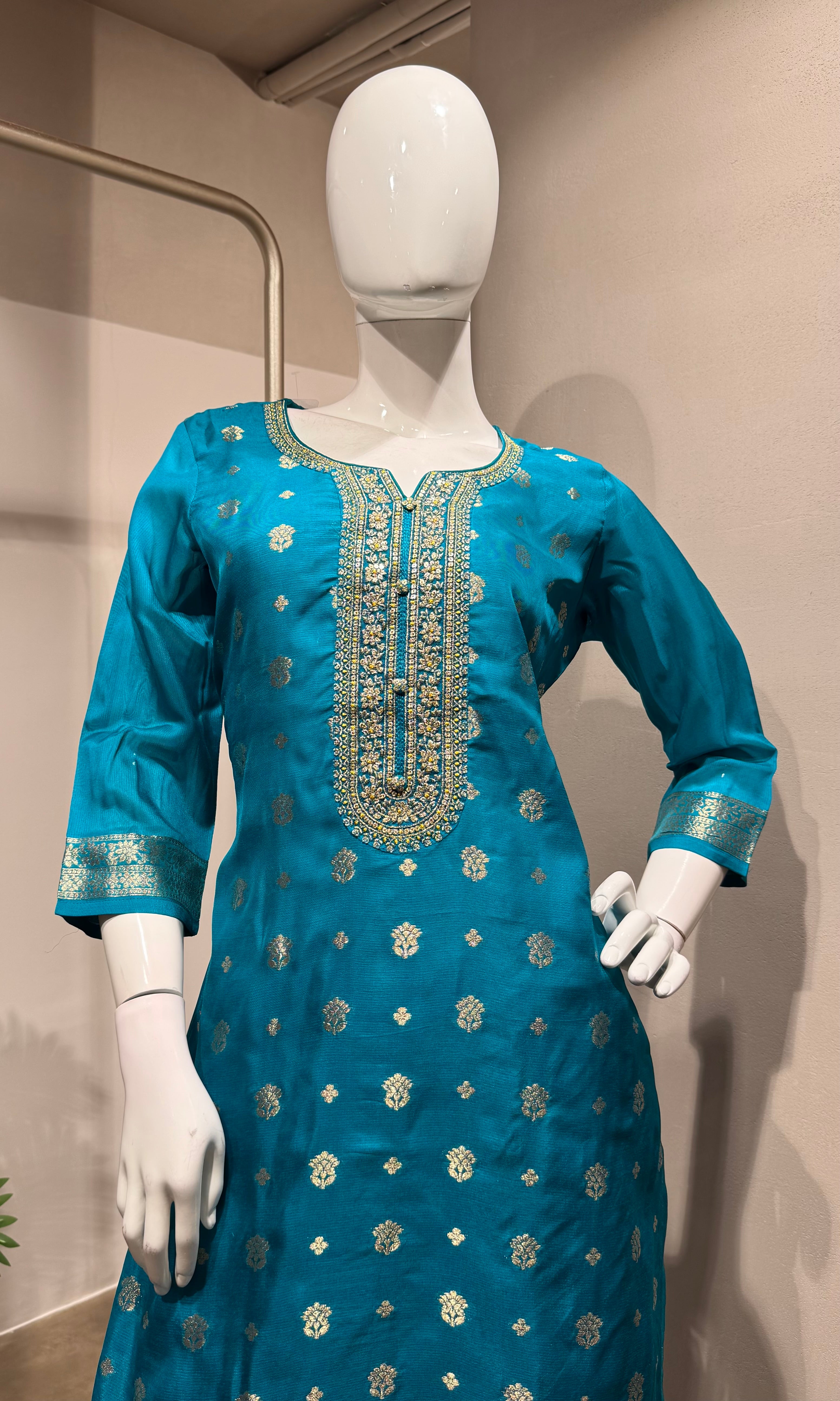 Rama blue woven design silk blend kurta set