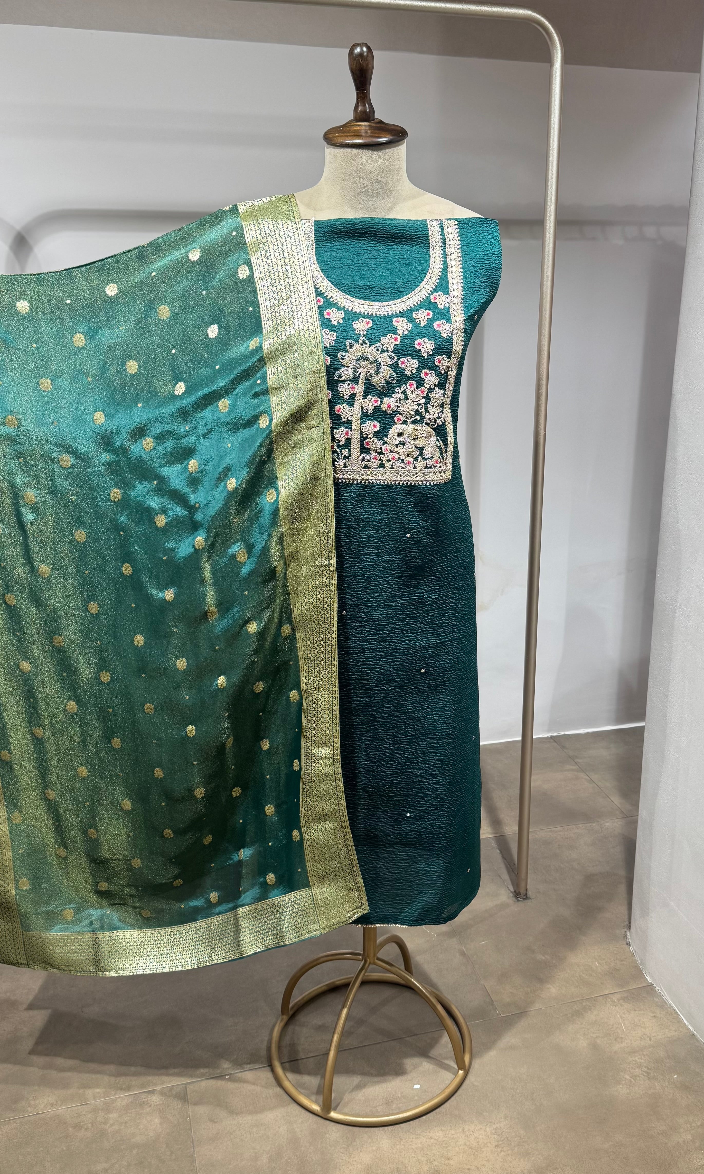 Green ETHNIC DRESS MATERIAL WITH BANARASI DUPATTA