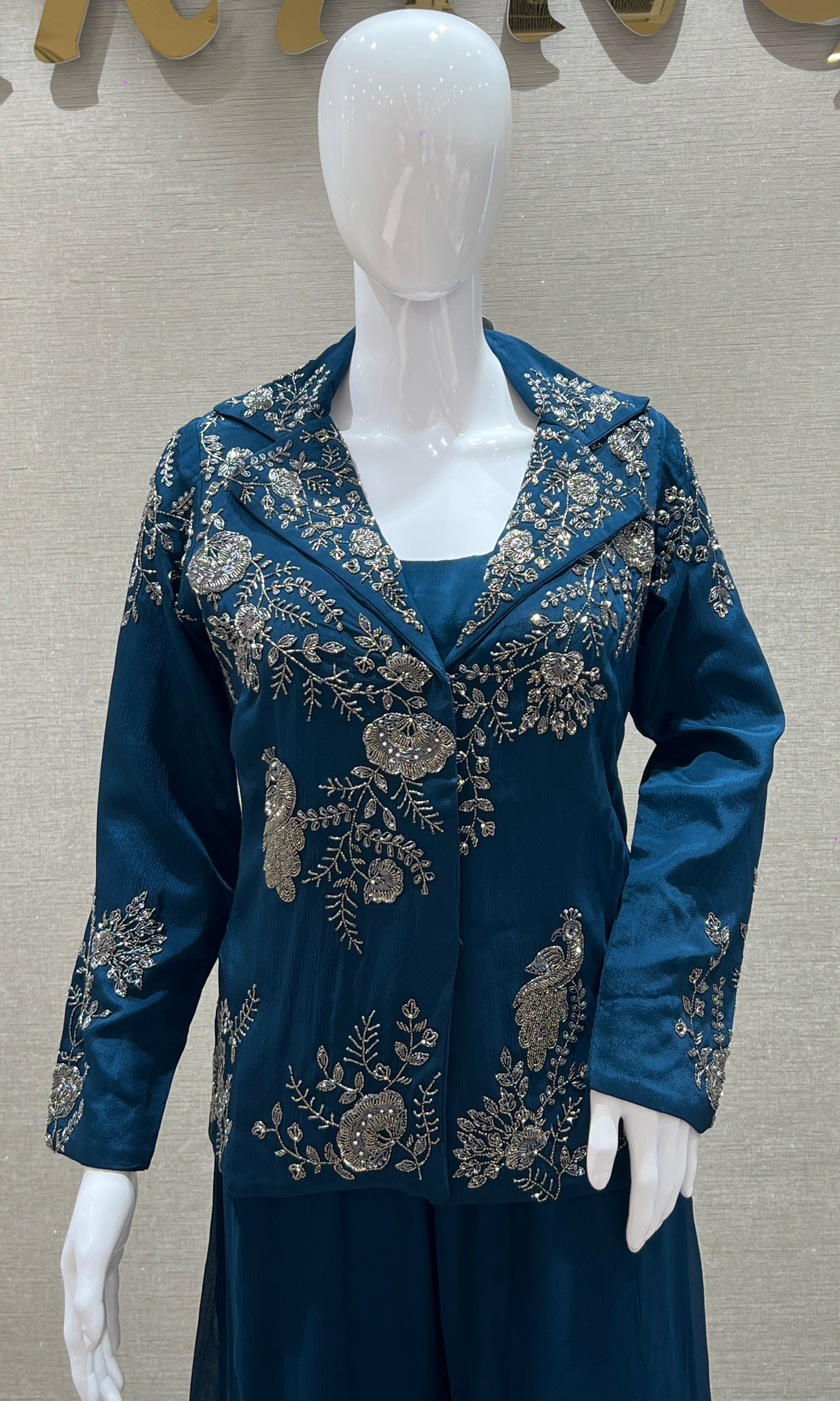 Peacock blue palazzo set with jacket