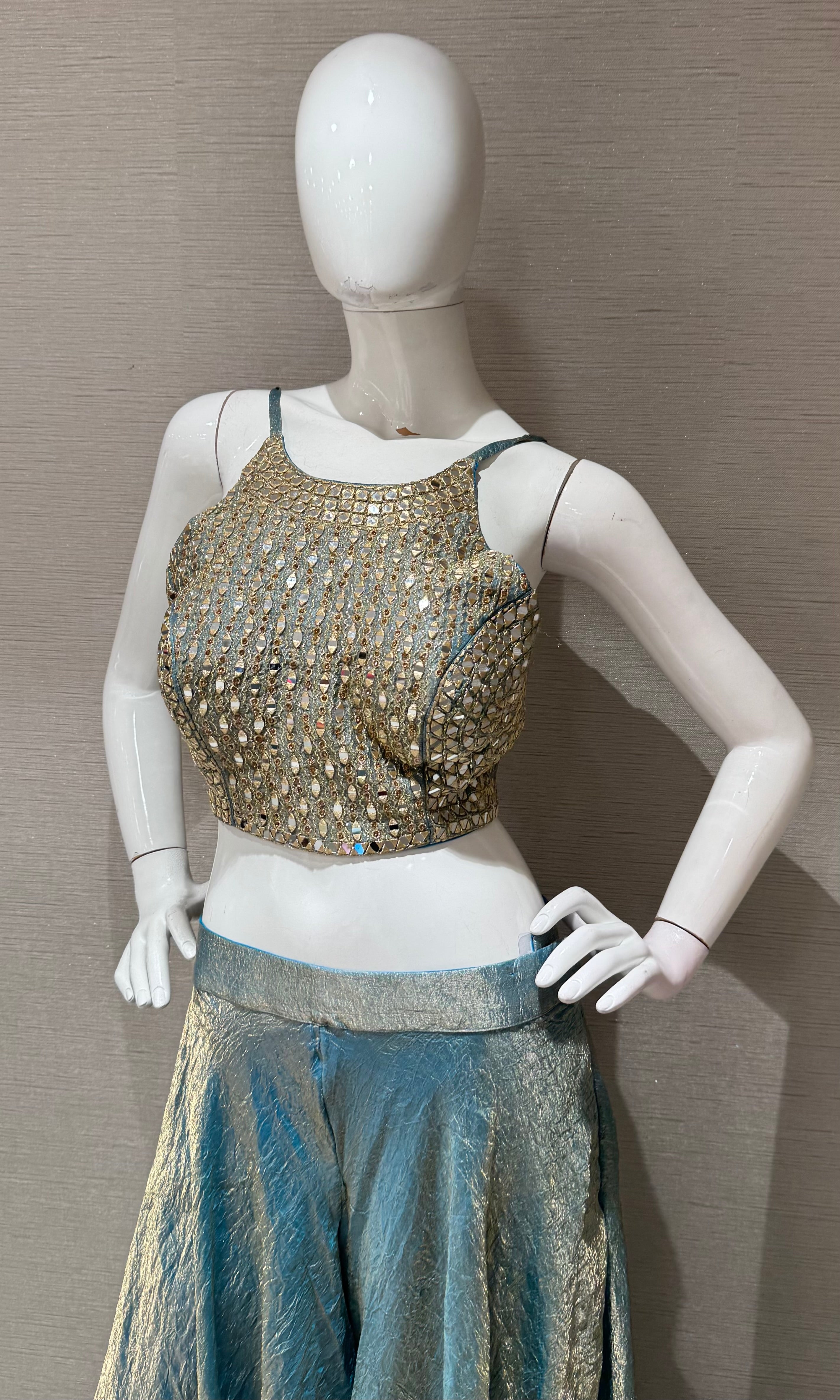 Blue Shimmer palazzo set with golden ethnic blouse
