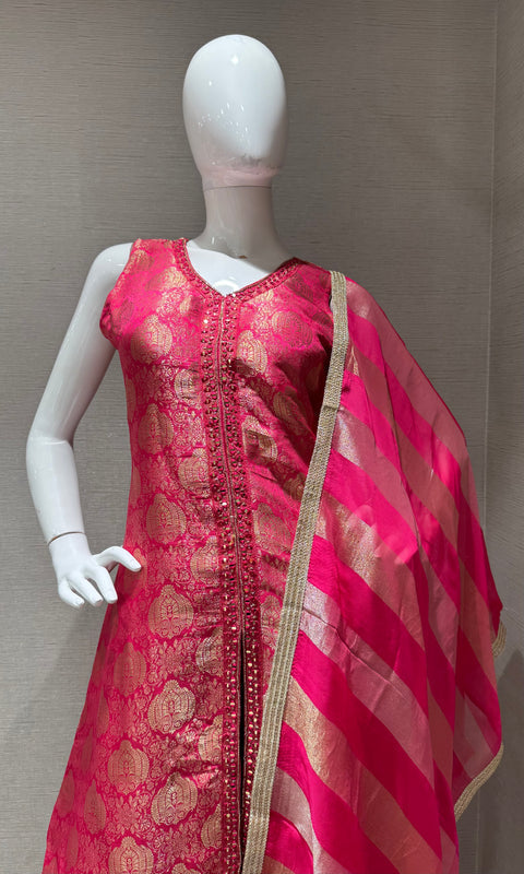 pink and Gold Banarasi Silk Anarkali Set with Dupatta