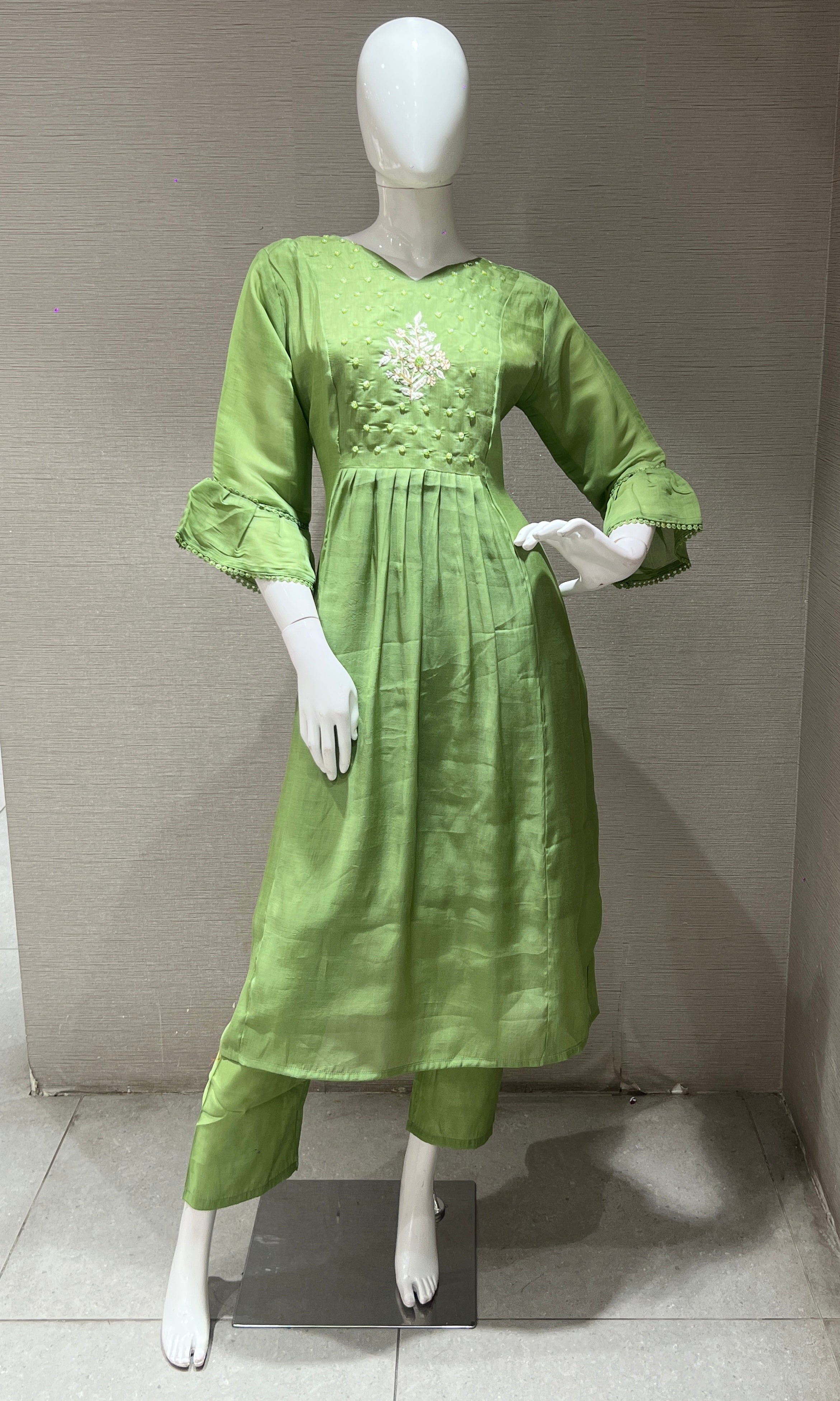Pista green floral embroidered kurta set