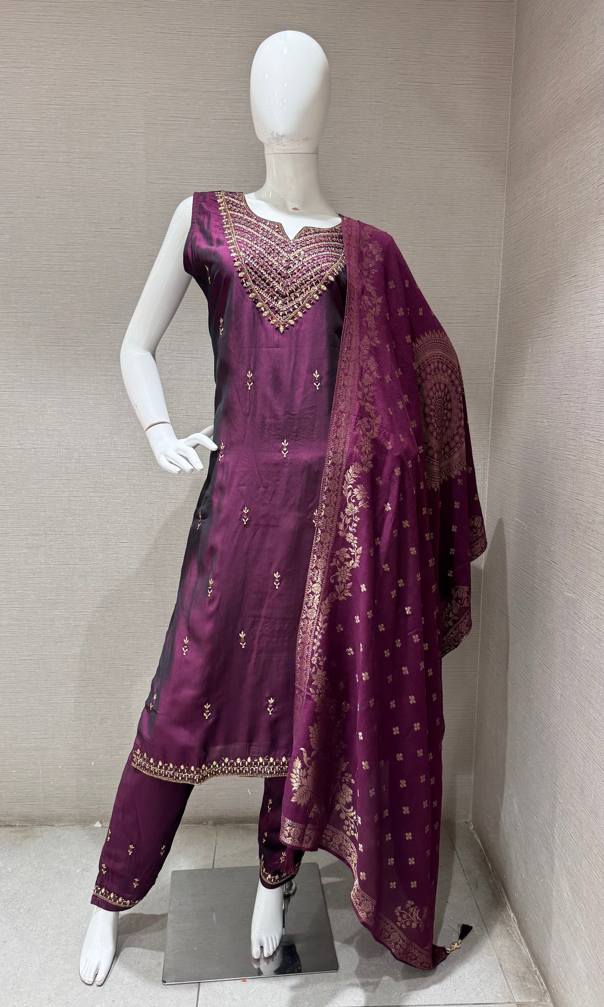 Wine Golden Silk Embroidered Kurta Set
