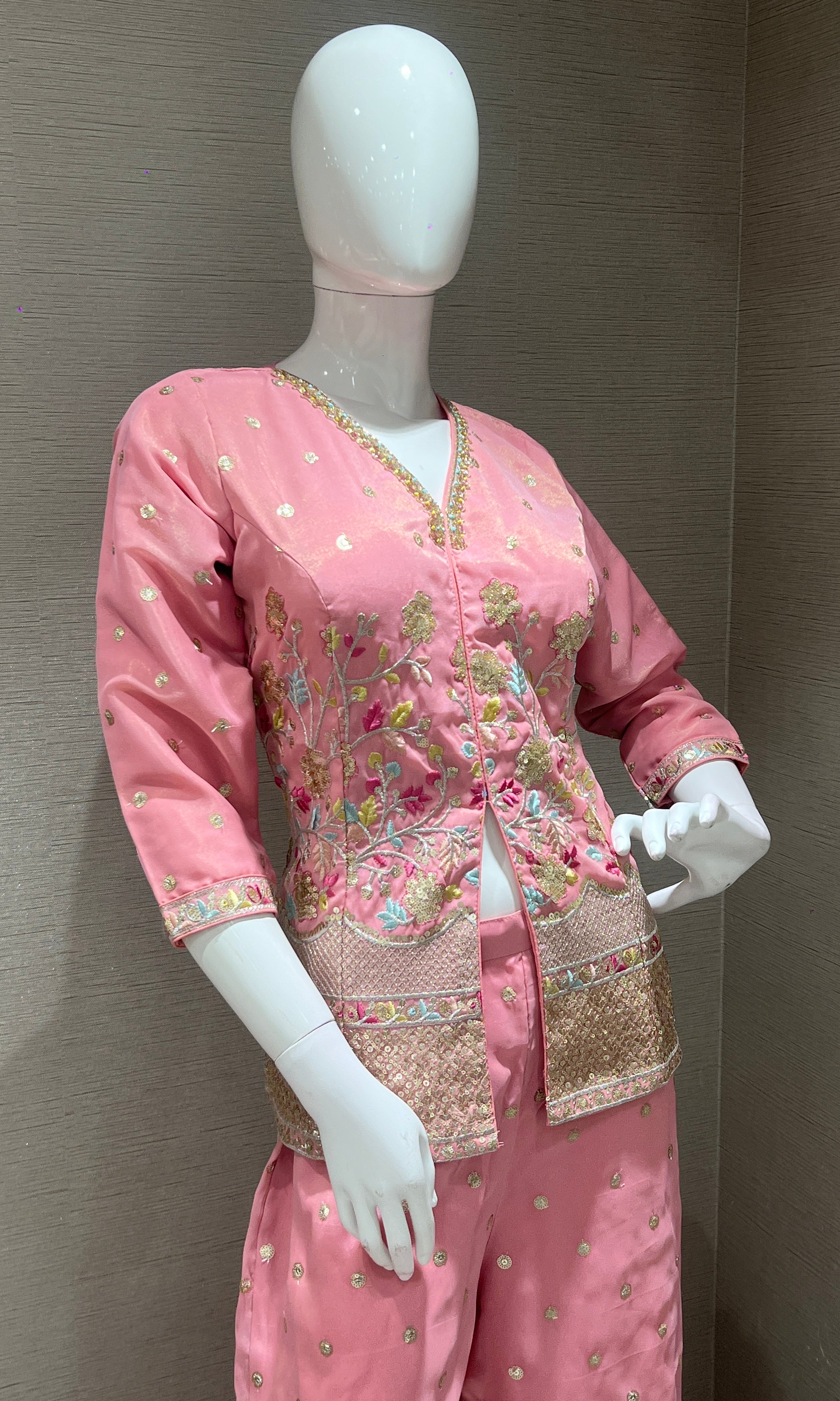 Rose Pink Floral Embroidered Palazzo set