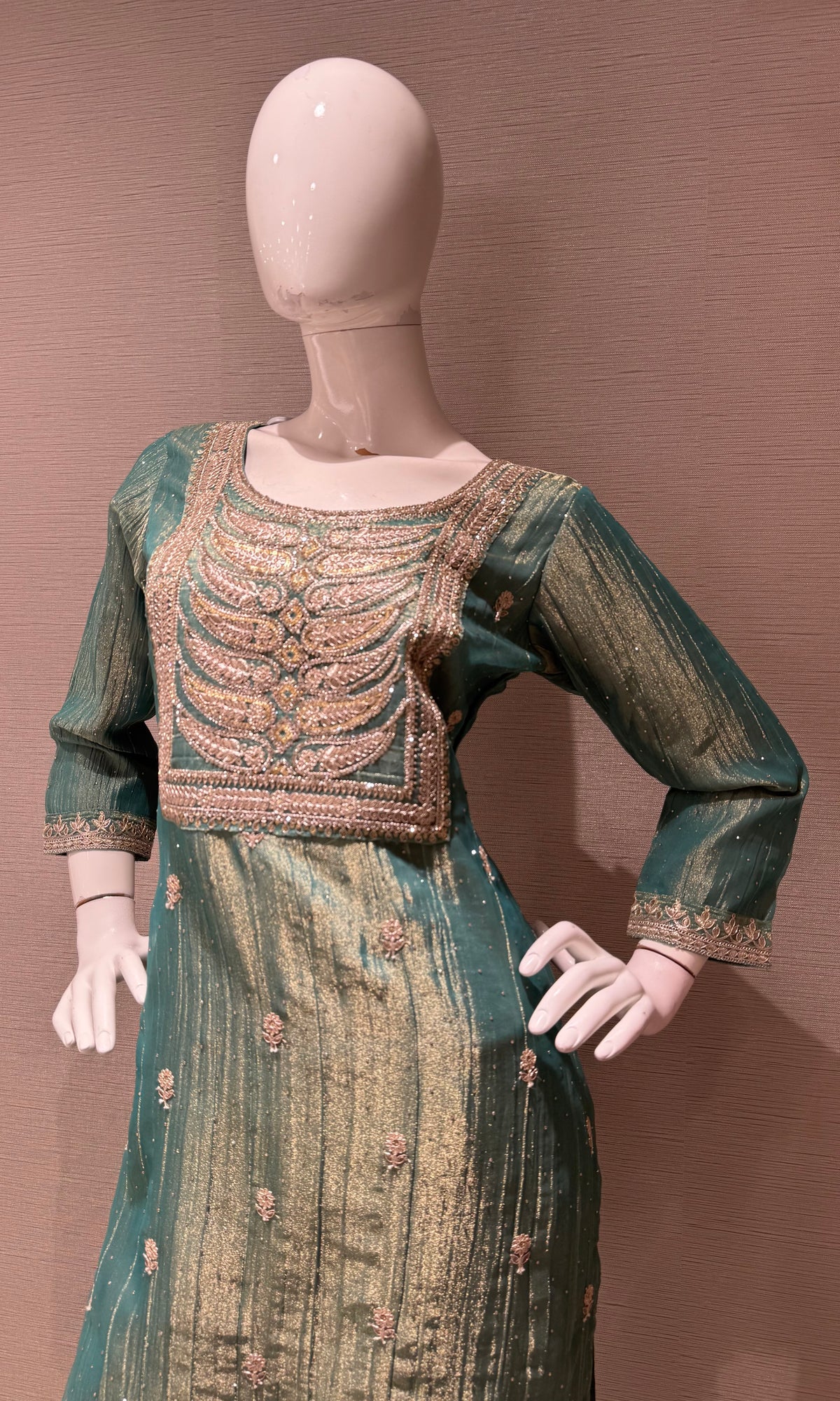 Green Shimmer Kurta Set with Gold Embroidery and Dupatta