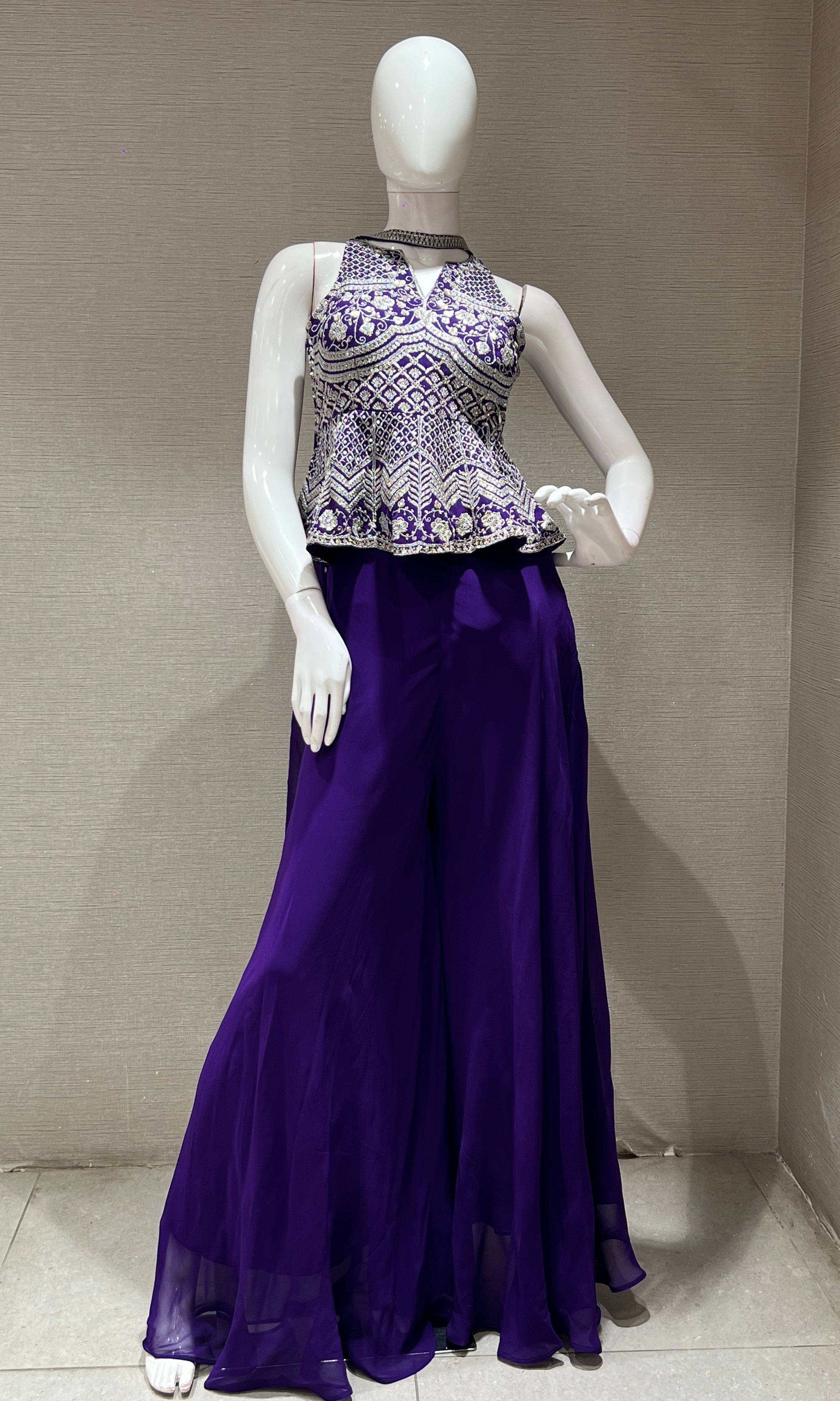 PURPLE EMBROIDERED PEPLUM Palazzo set